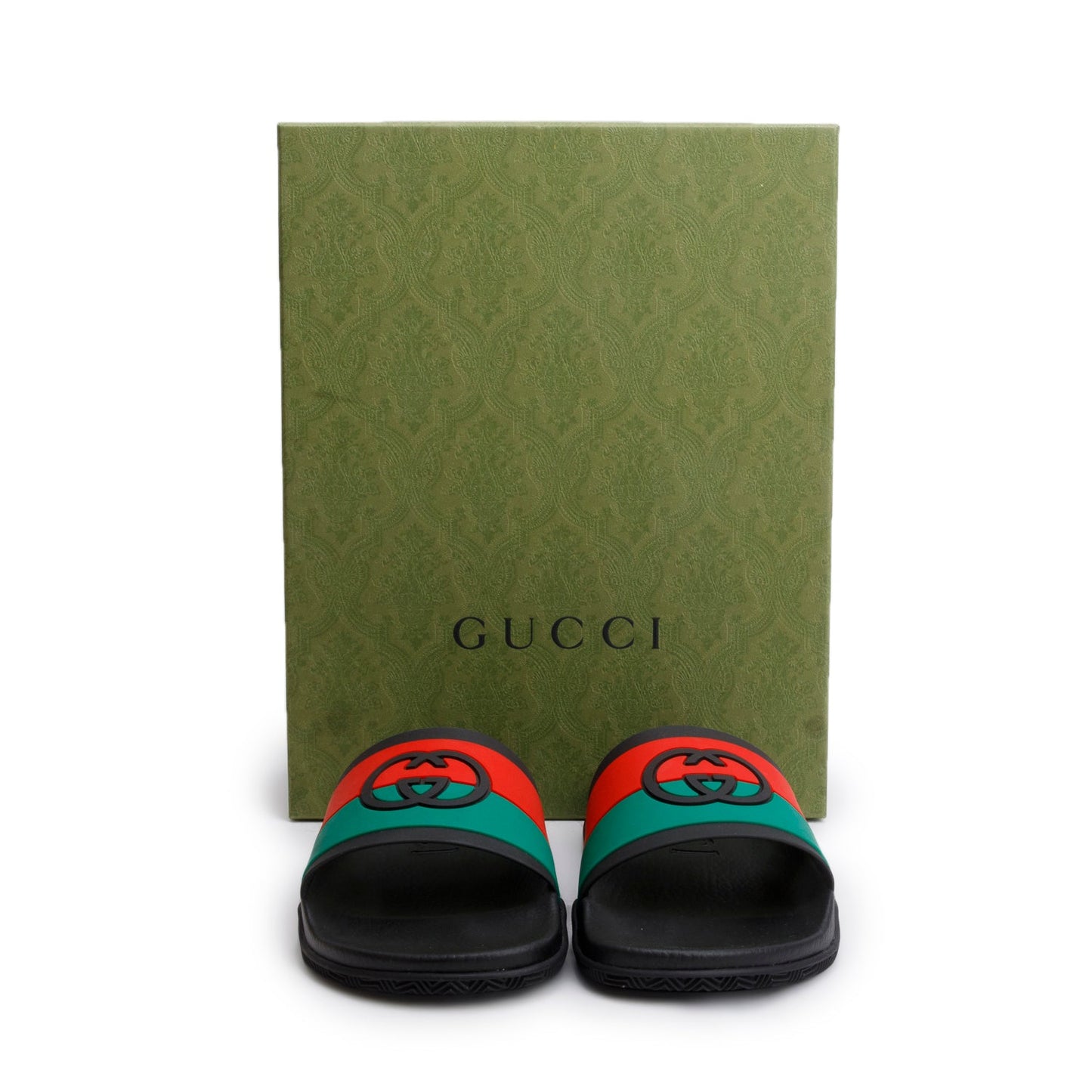 Gucci Black Green & Red Web Rubber Interlocking G Logo Slides, Men's Size 11