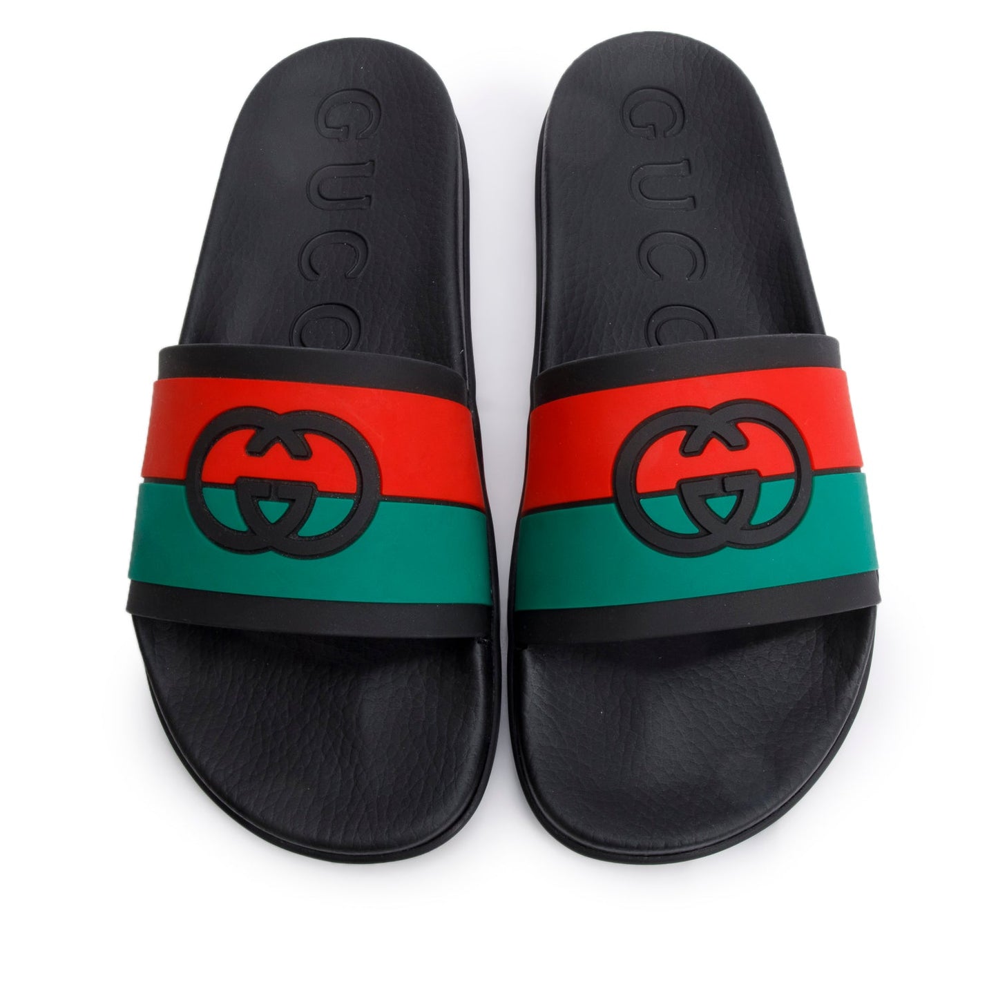 Gucci Black Green & Red Web Rubber Interlocking G Logo Slides, Men's Size 11