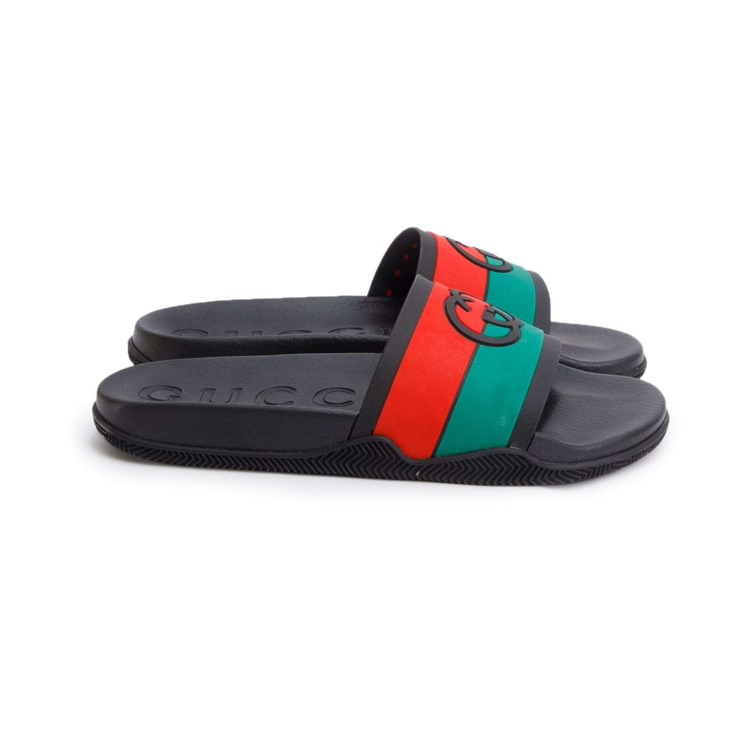 Gucci Black Green & Red Web Rubber Interlocking G Logo Slides, Men's Size 11
