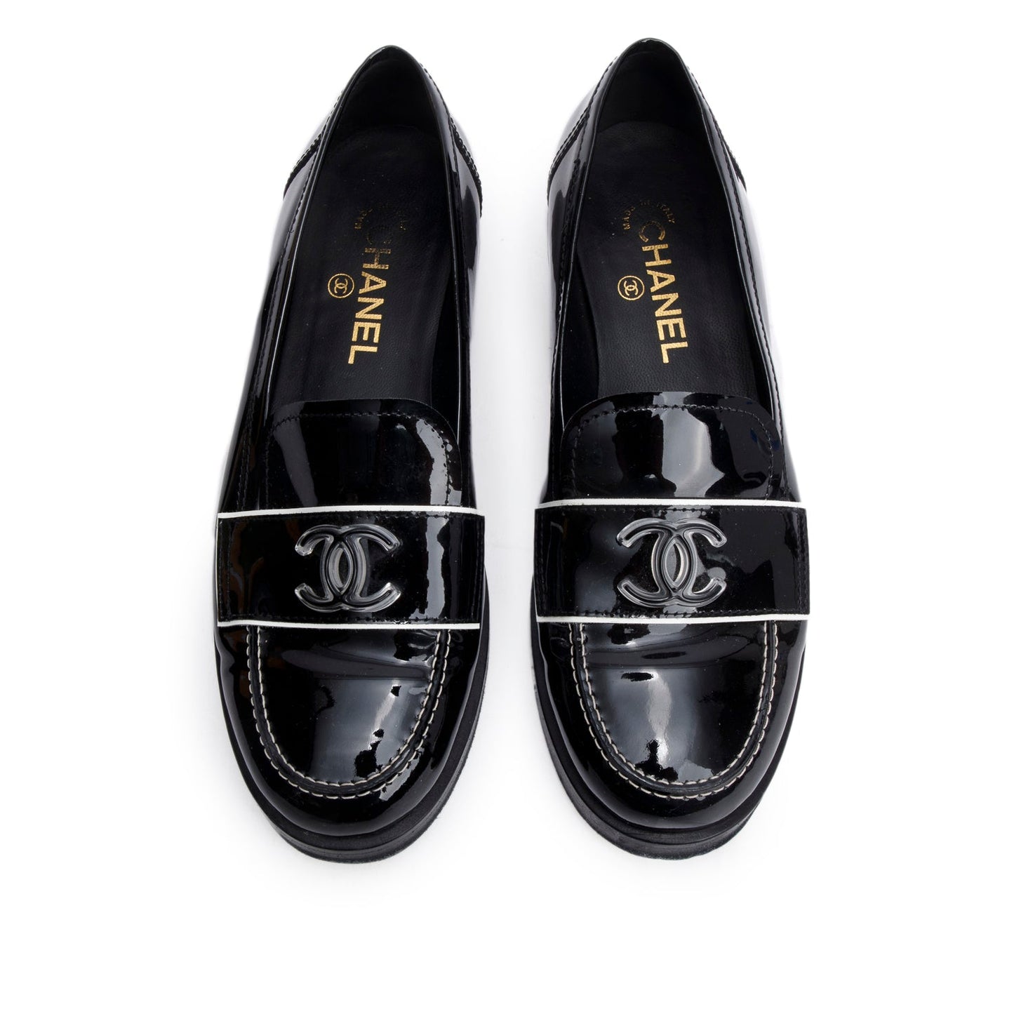 Chanel Black Patent Leather CC Logo Loafer, Size 40