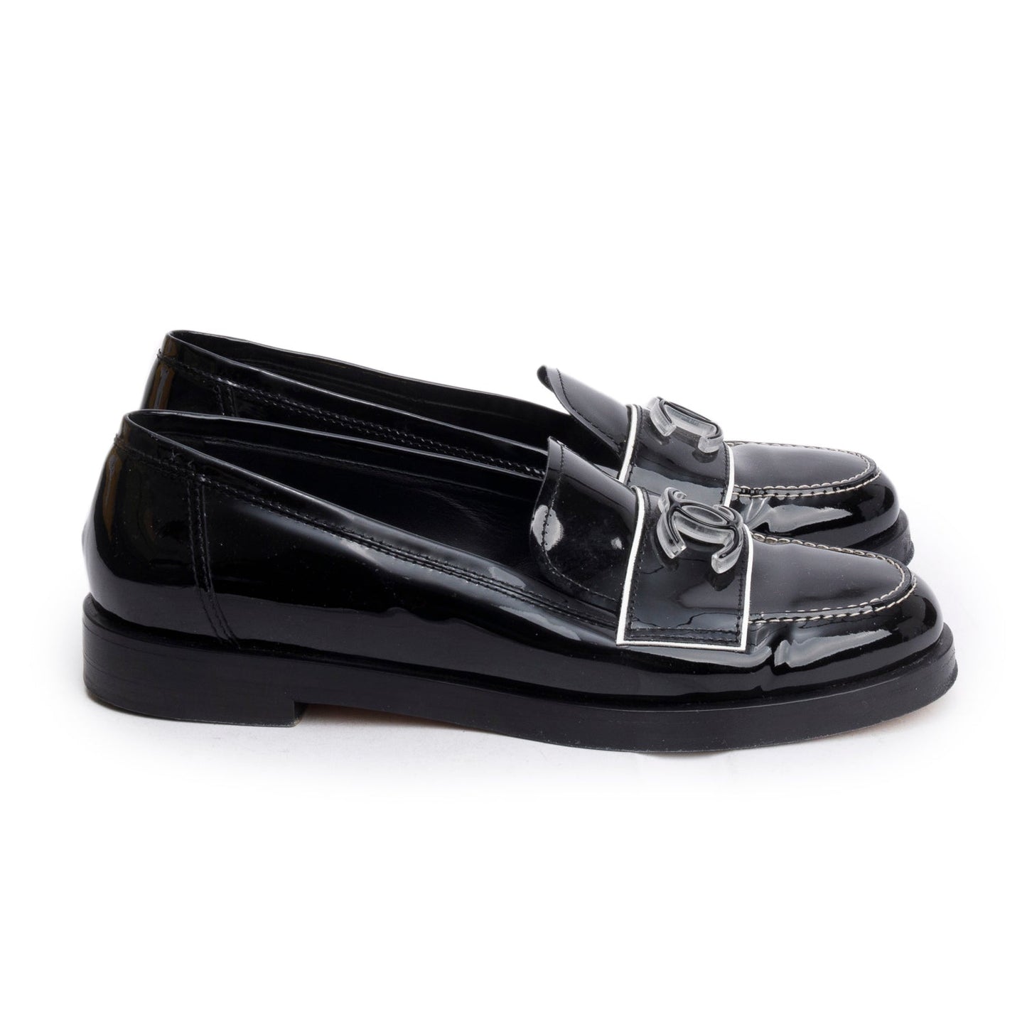 Chanel Black Patent Leather CC Logo Loafer, Size 40
