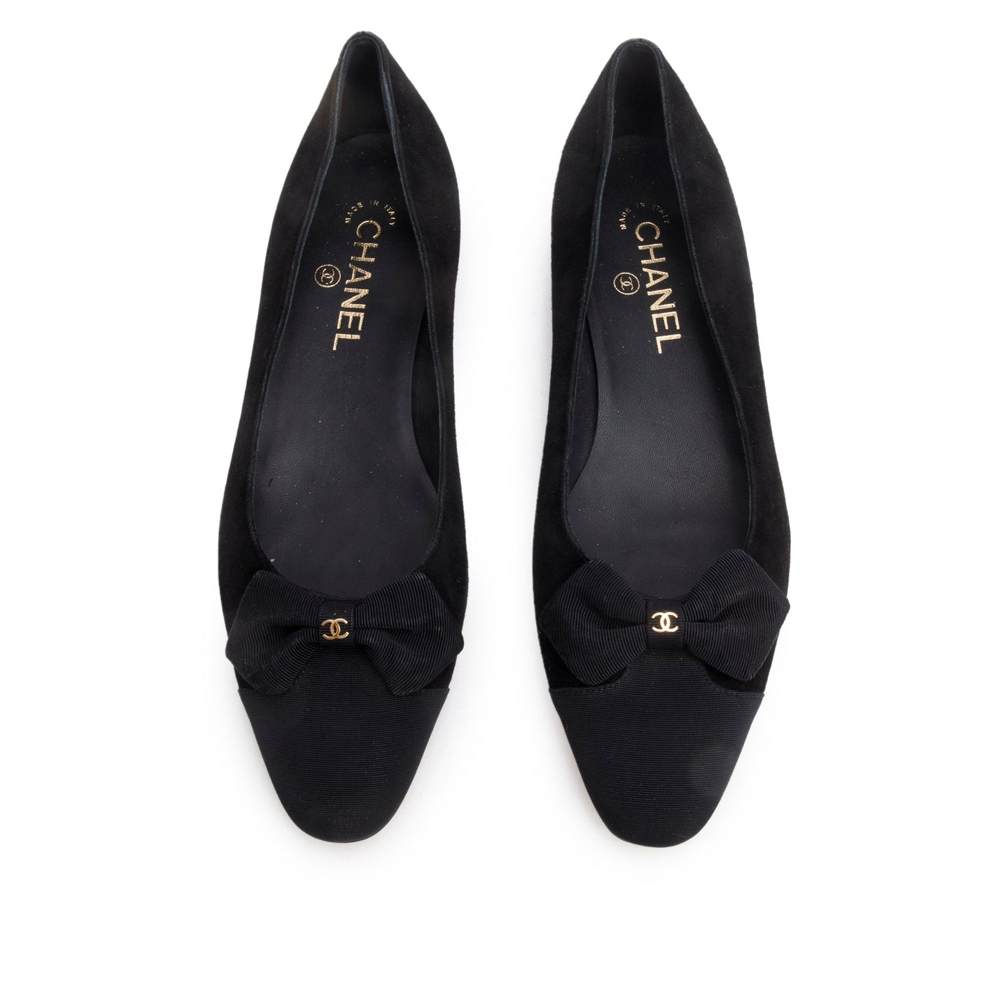 Chanel Black Suede/Grosgrain Interlocking CC Bow Flats, Size 40
