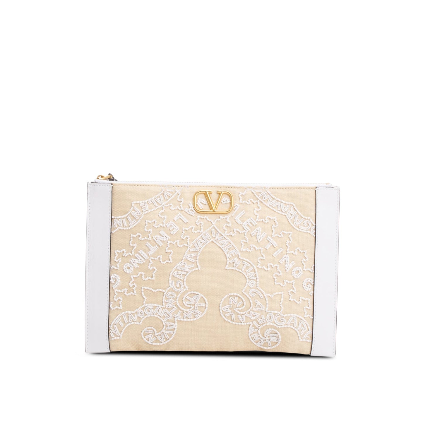 Valentino White Leather Neutral Canvas Embroidered VLogo Signature Pouch