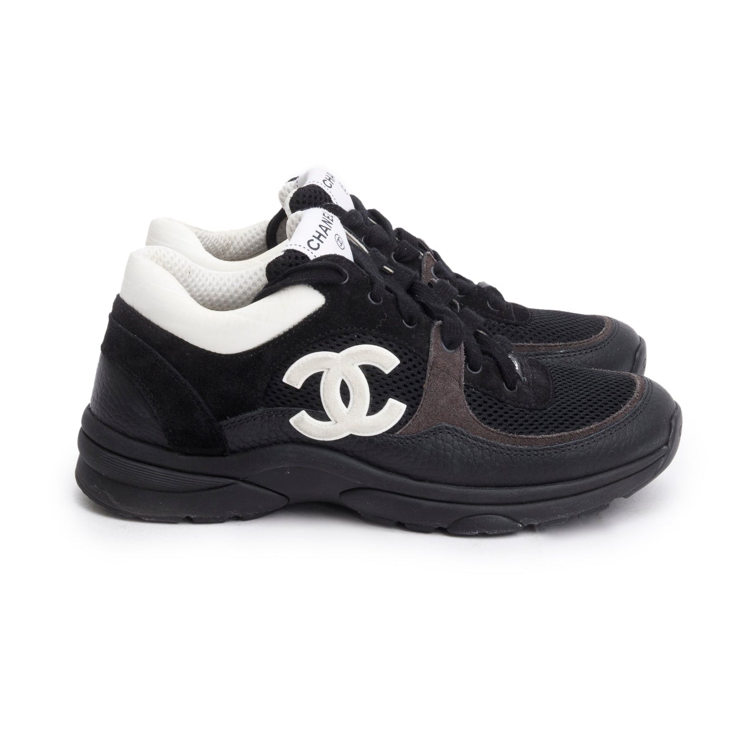 Chanel 2024 Black Calfskin Mesh Suede CC Logo Sneakers, Size 38