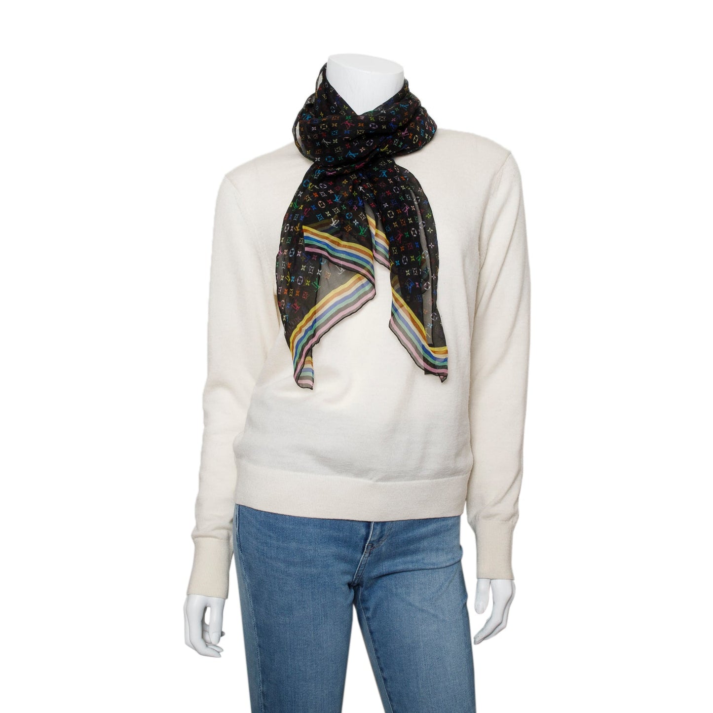 Louis Vuitton x Yakashi Murakami Black Monogram Multicolor Long Silk Chiffon Scarf