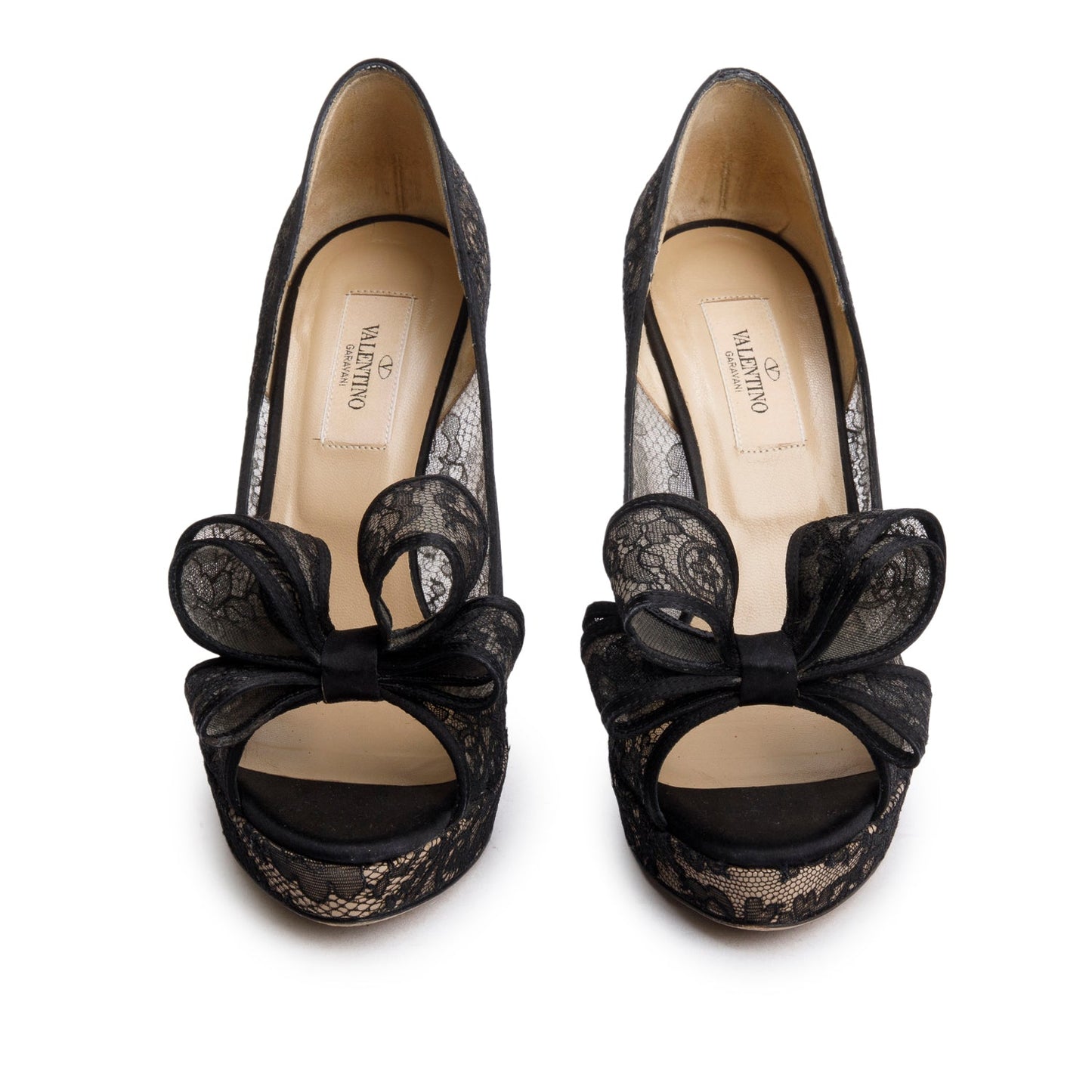 Valentino Black Lace Satin Couture Bow Peep-Toe Platform Pumps, Size 37
