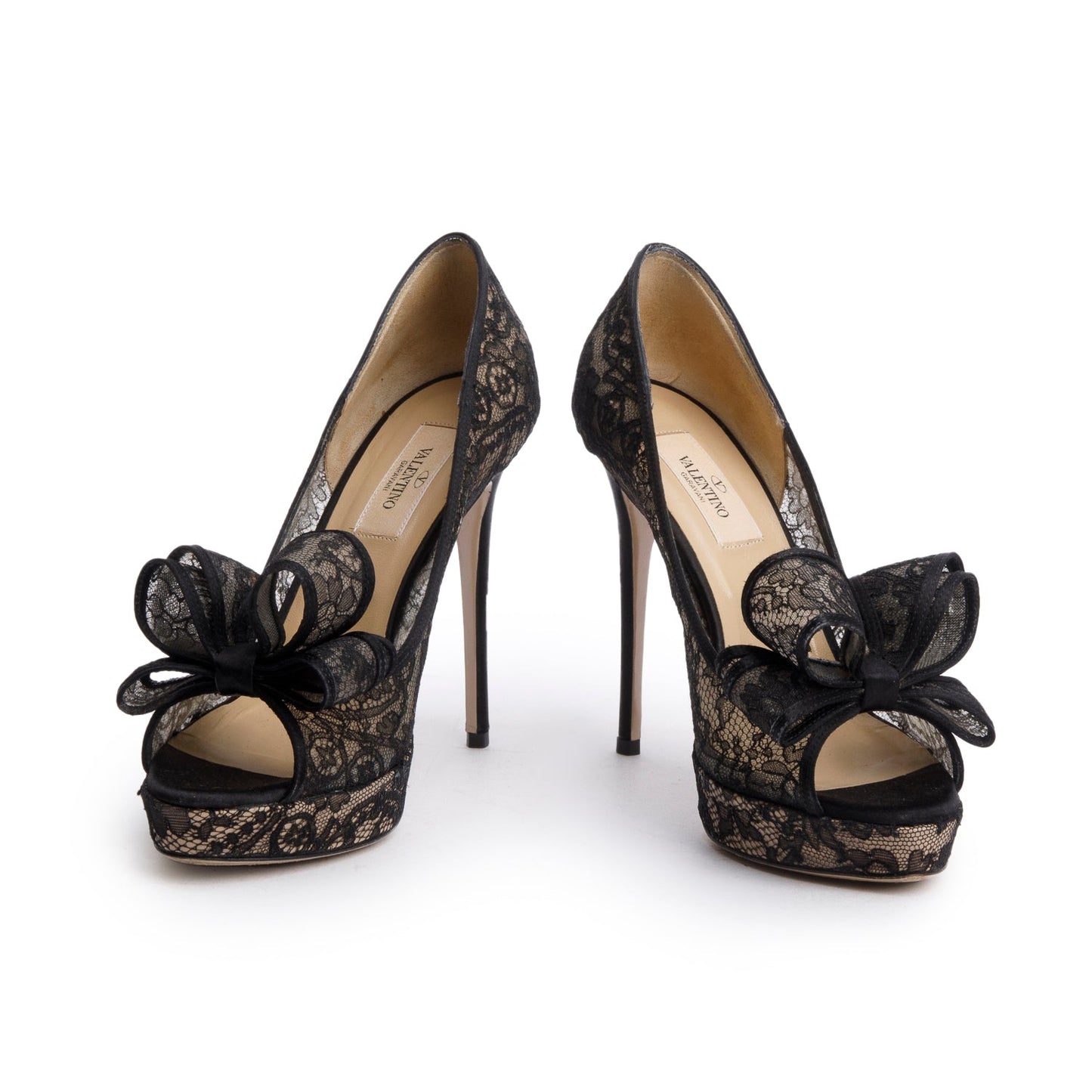 Valentino Black Lace Satin Couture Bow Peep-Toe Platform Pumps, Size 37