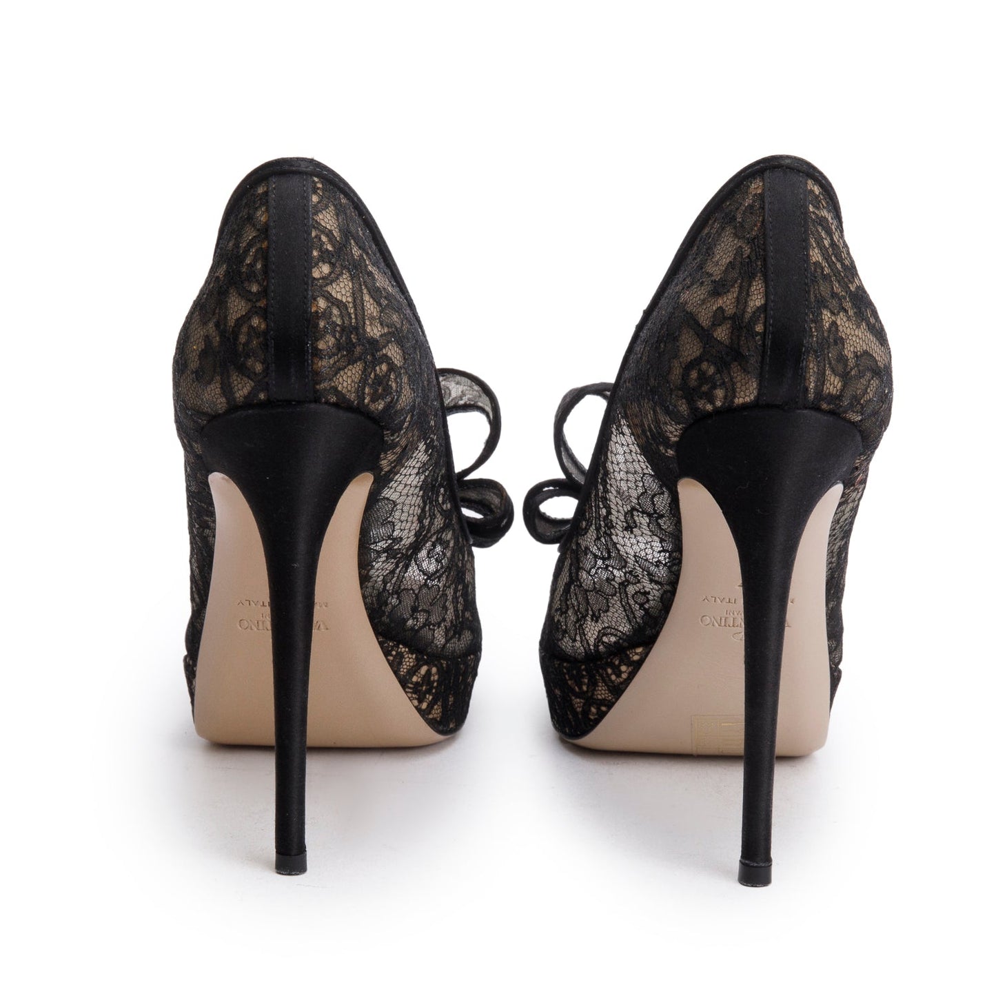 Valentino Black Lace Satin Couture Bow Peep-Toe Platform Pumps, Size 37