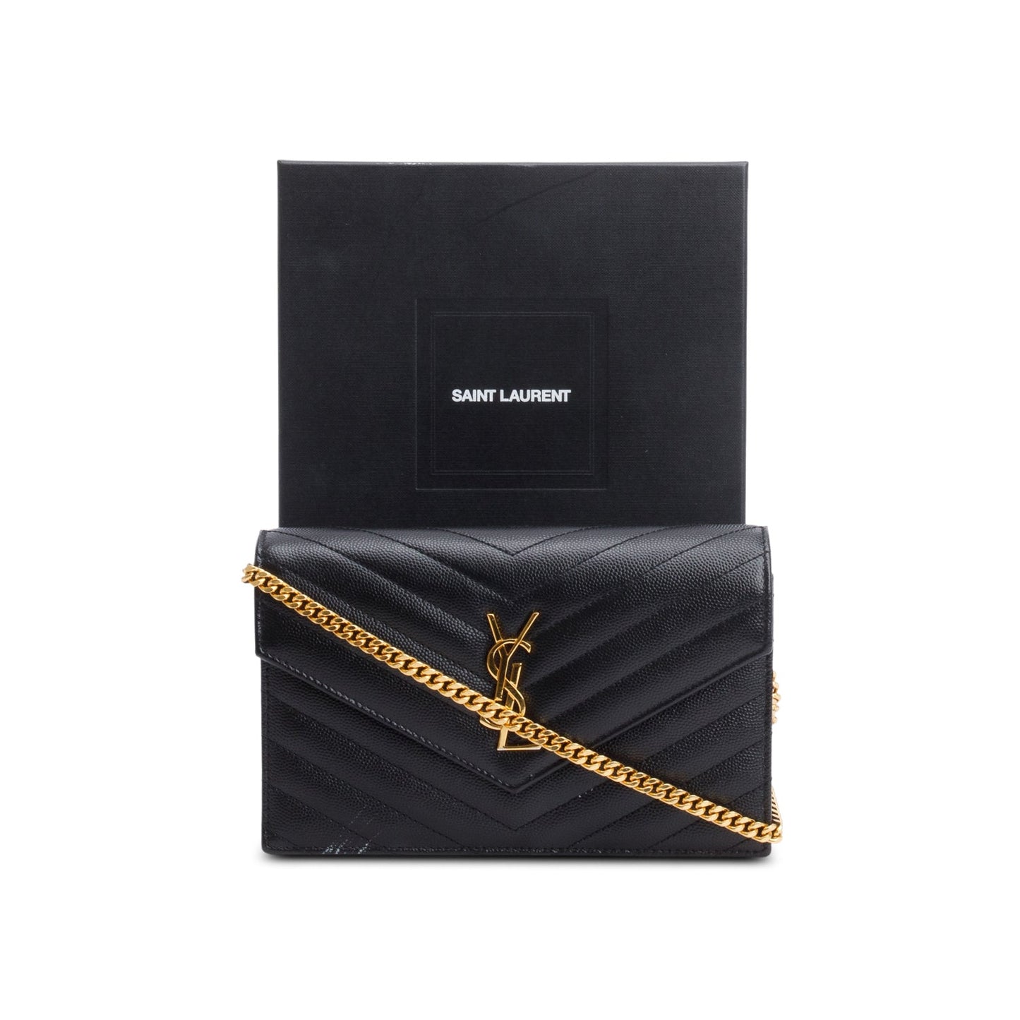 Saint Laurent 2021 Black Grain De Poudre Cassandre Envelope Chain Wallet