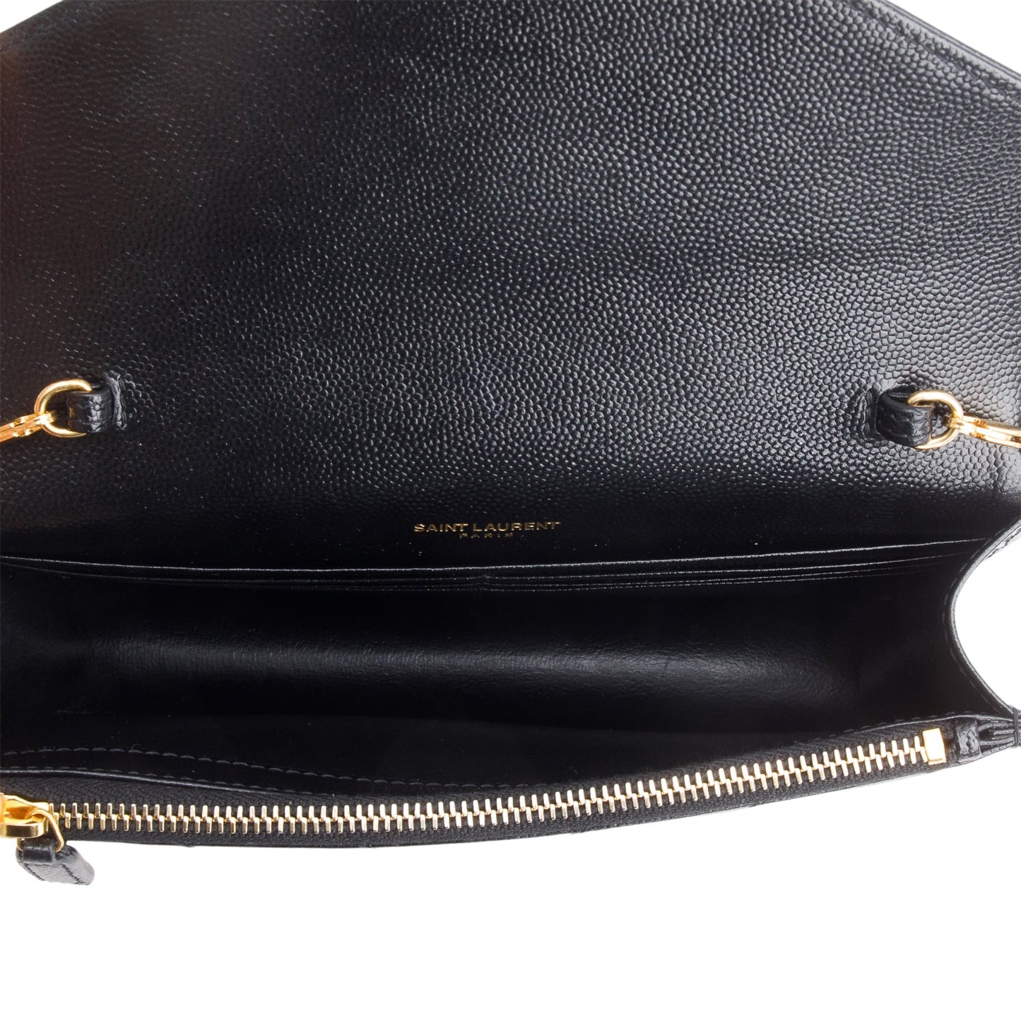Saint Laurent 2021 Black Grain De Poudre Cassandre Envelope Chain Wallet