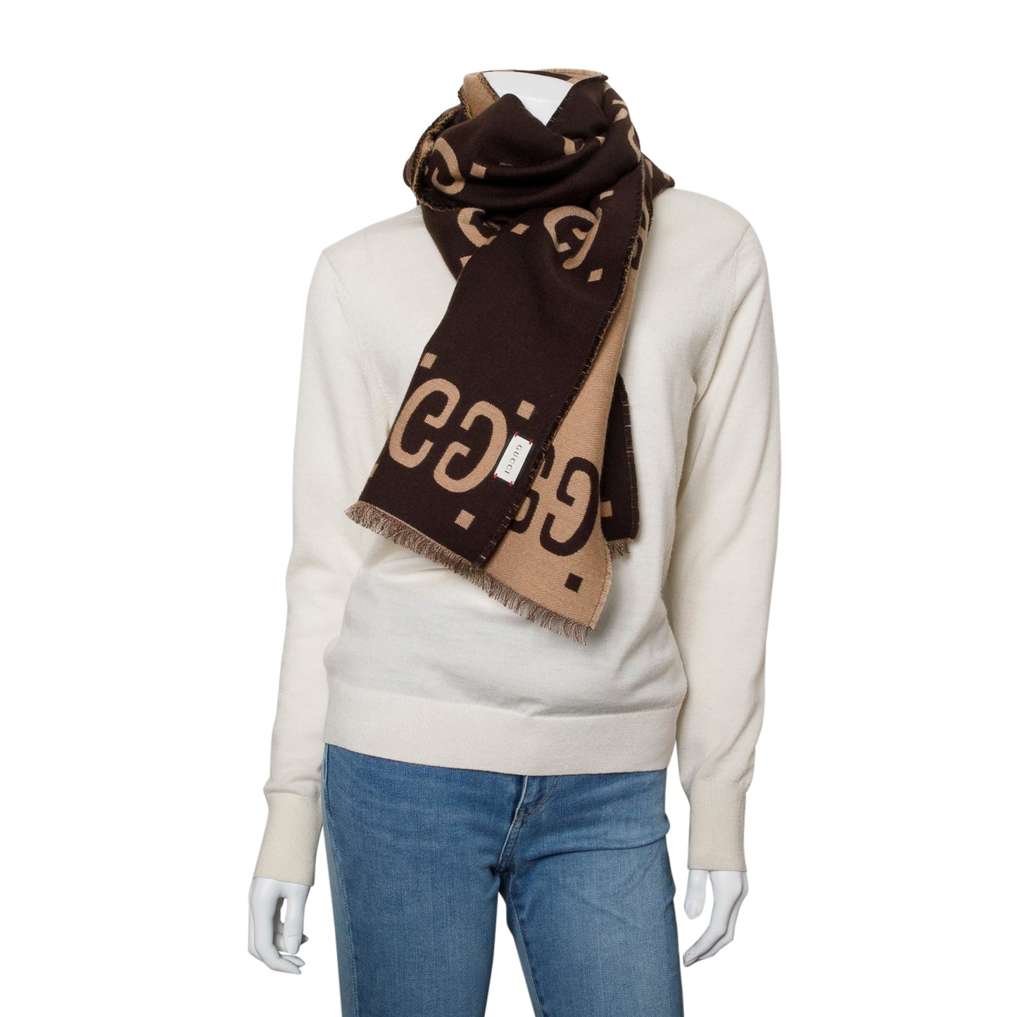 Gucci Brown Ghost Jacquard Wool Silk Scarf