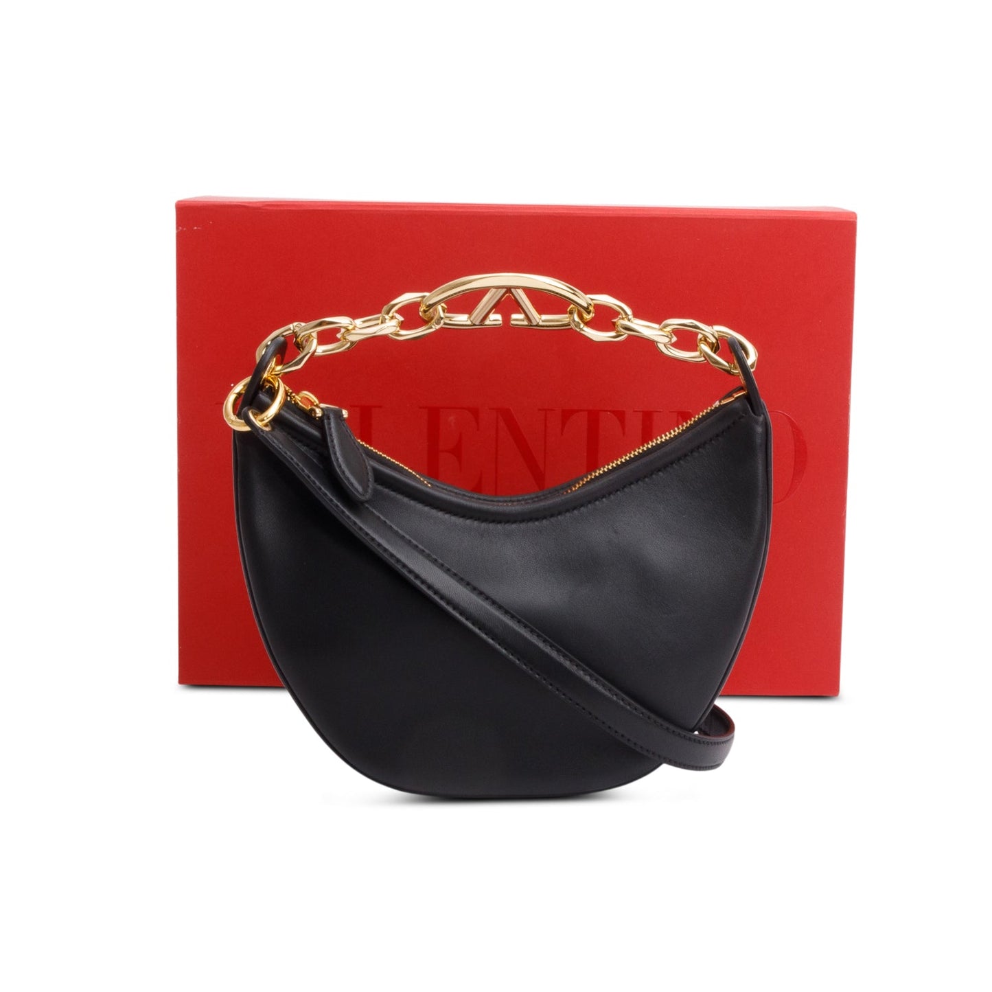 Valentino Black Leather Mini Vlogo Moon Hobo Shoulder Bag