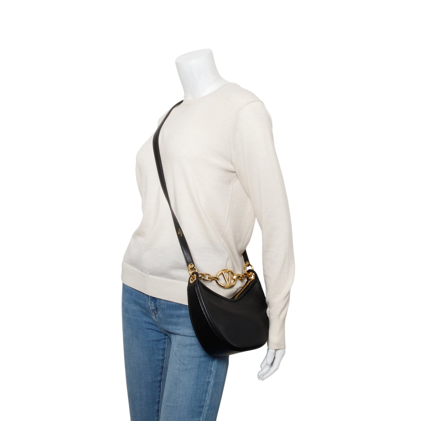 Valentino Black Leather Mini Vlogo Moon Hobo Shoulder Bag
