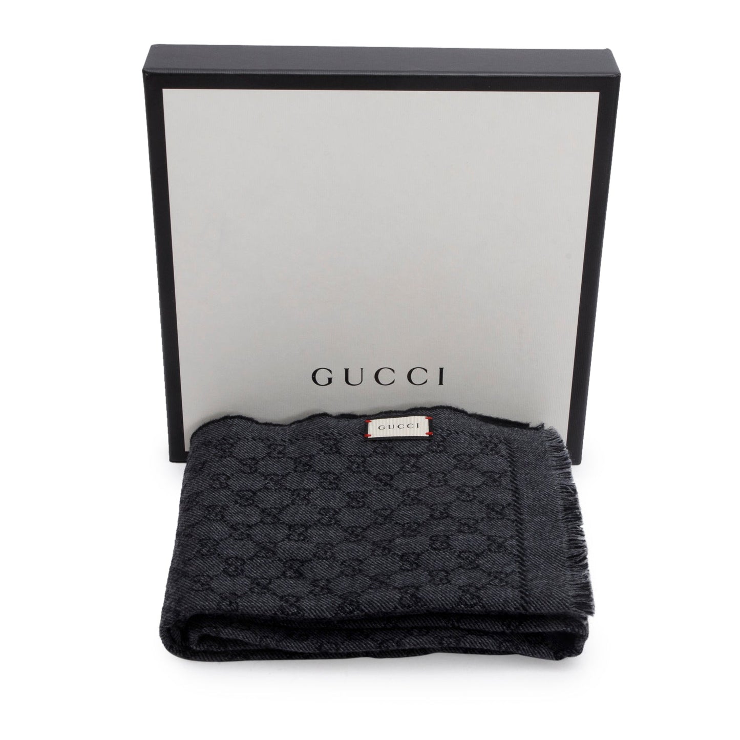 Gucci Grey Wool GG Jacquard Monogram Fringe Scarf