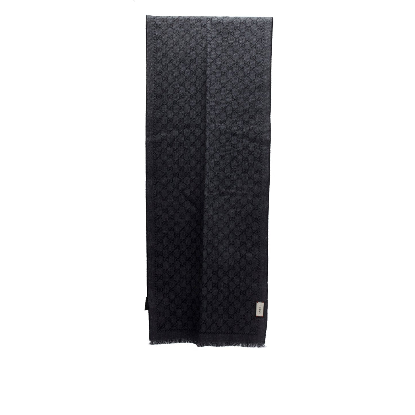 Gucci Grey Wool GG Jacquard Monogram Fringe Scarf