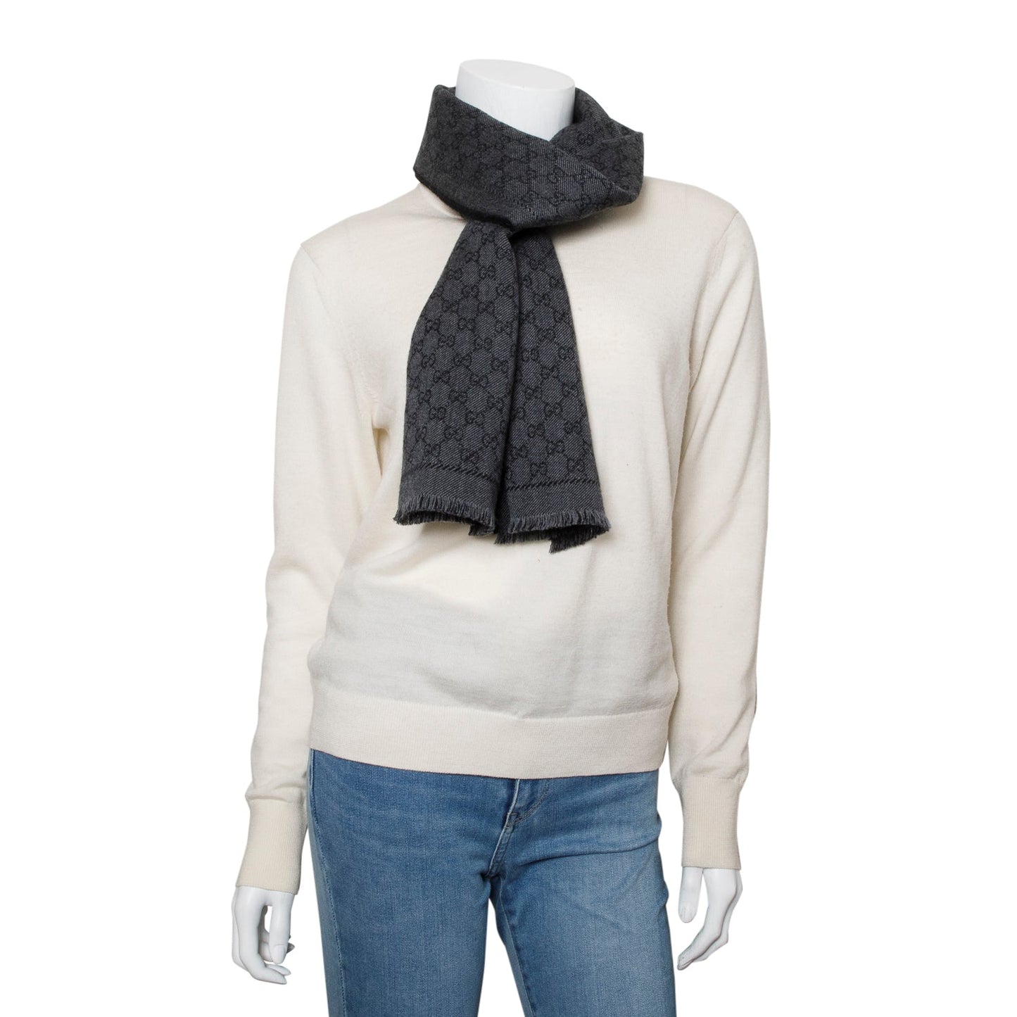Gucci Grey Wool GG Jacquard Monogram Fringe Scarf