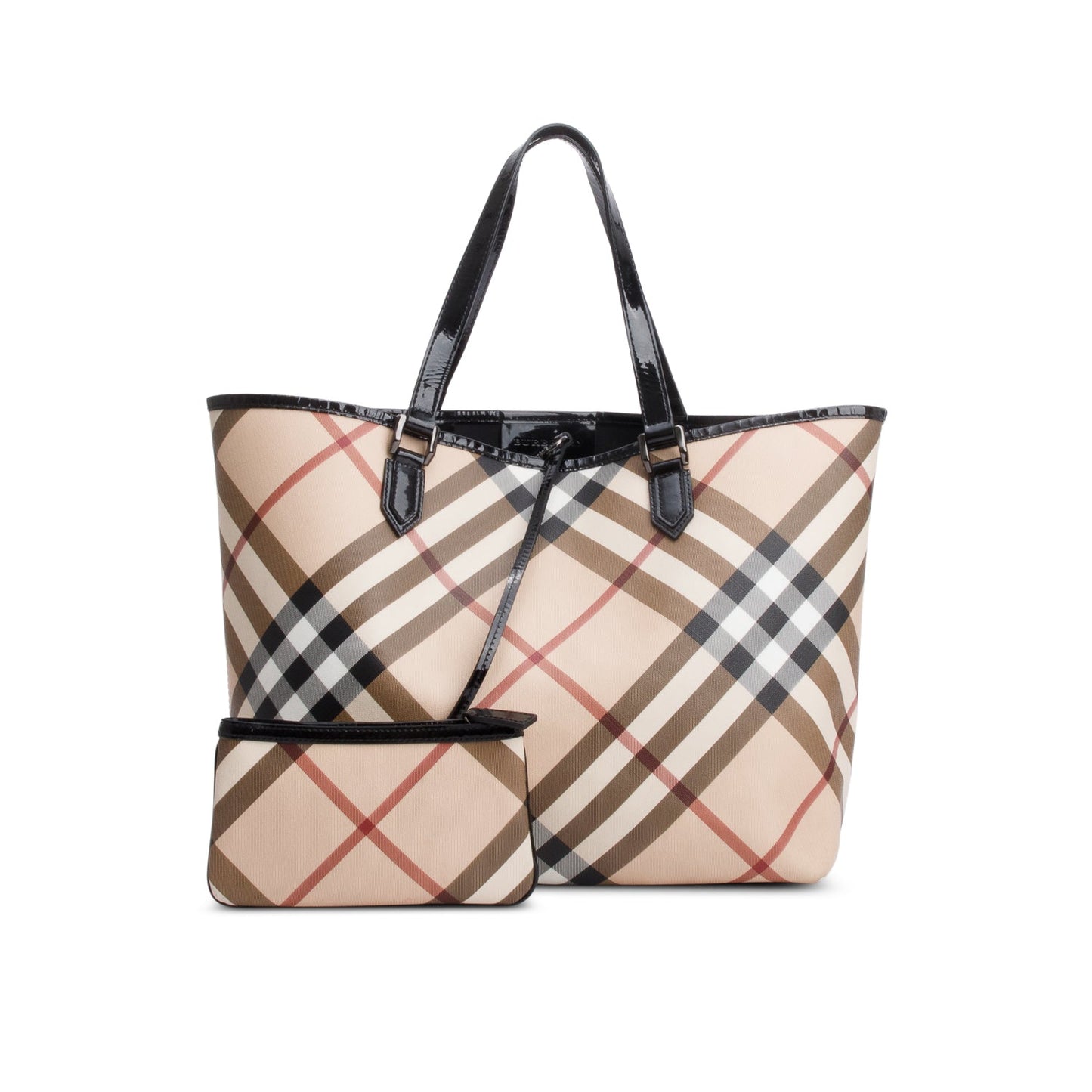 Burberry Super Nova Check Black Patent Leather Trim Large Nickie Tote Bag