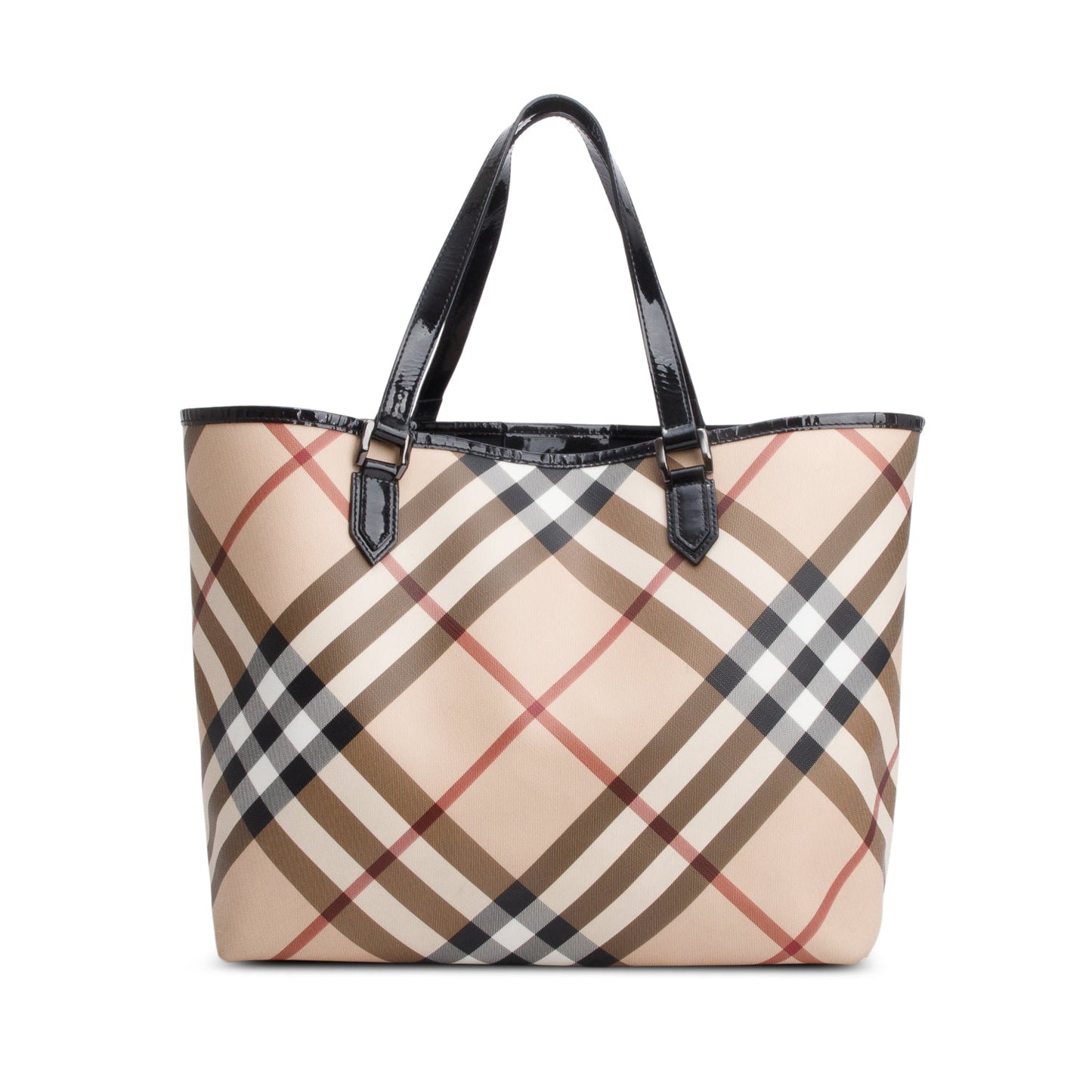 Burberry Super Nova Check Black Patent Leather Trim Large Nickie Tote Bag