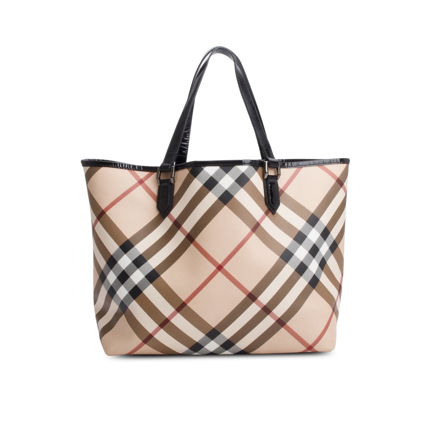 Burberry Super Nova Check Black Patent Leather Trim Large Nickie Tote Bag