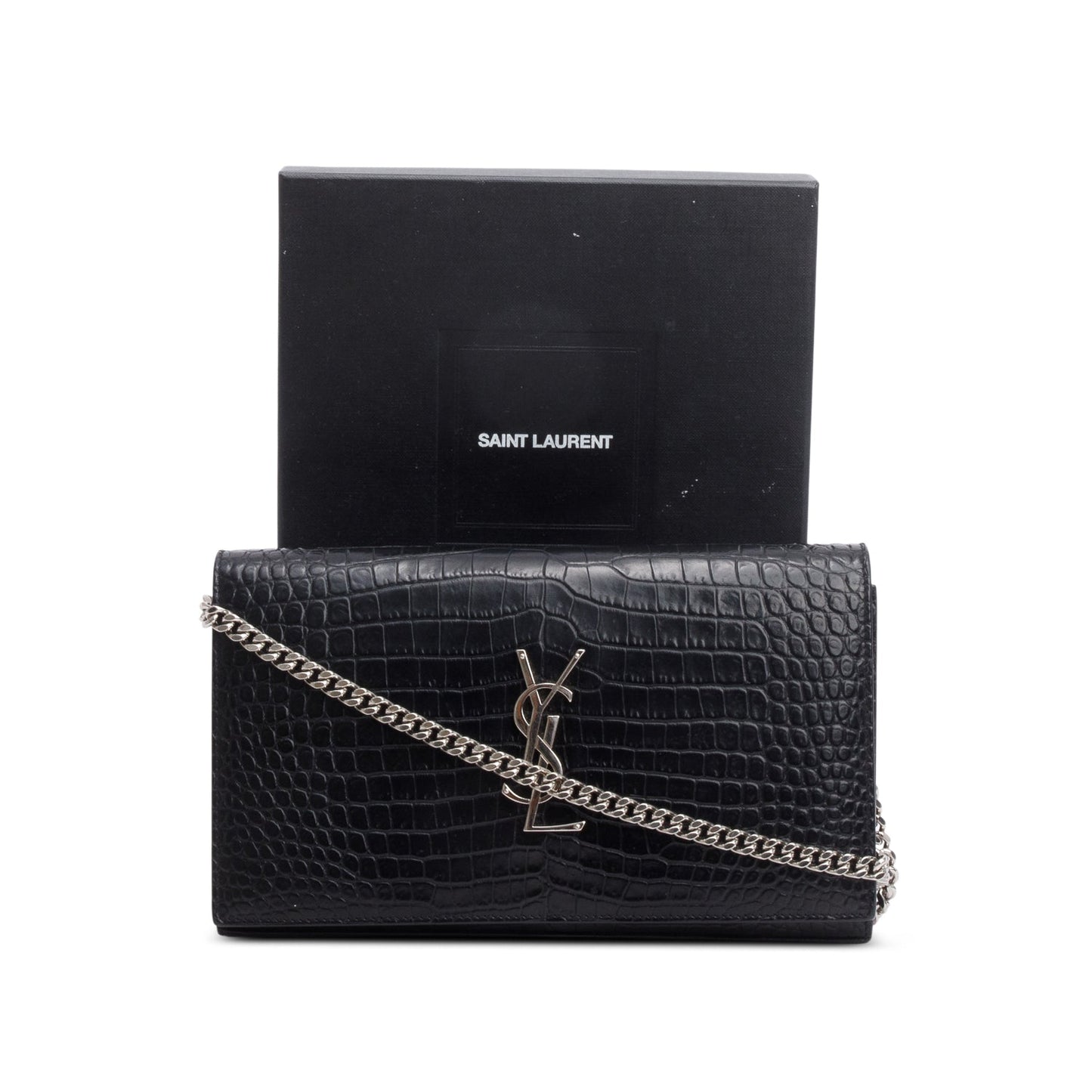 Saint Laurent Black Croc Embossed Classic Cassandre Chain Wallet