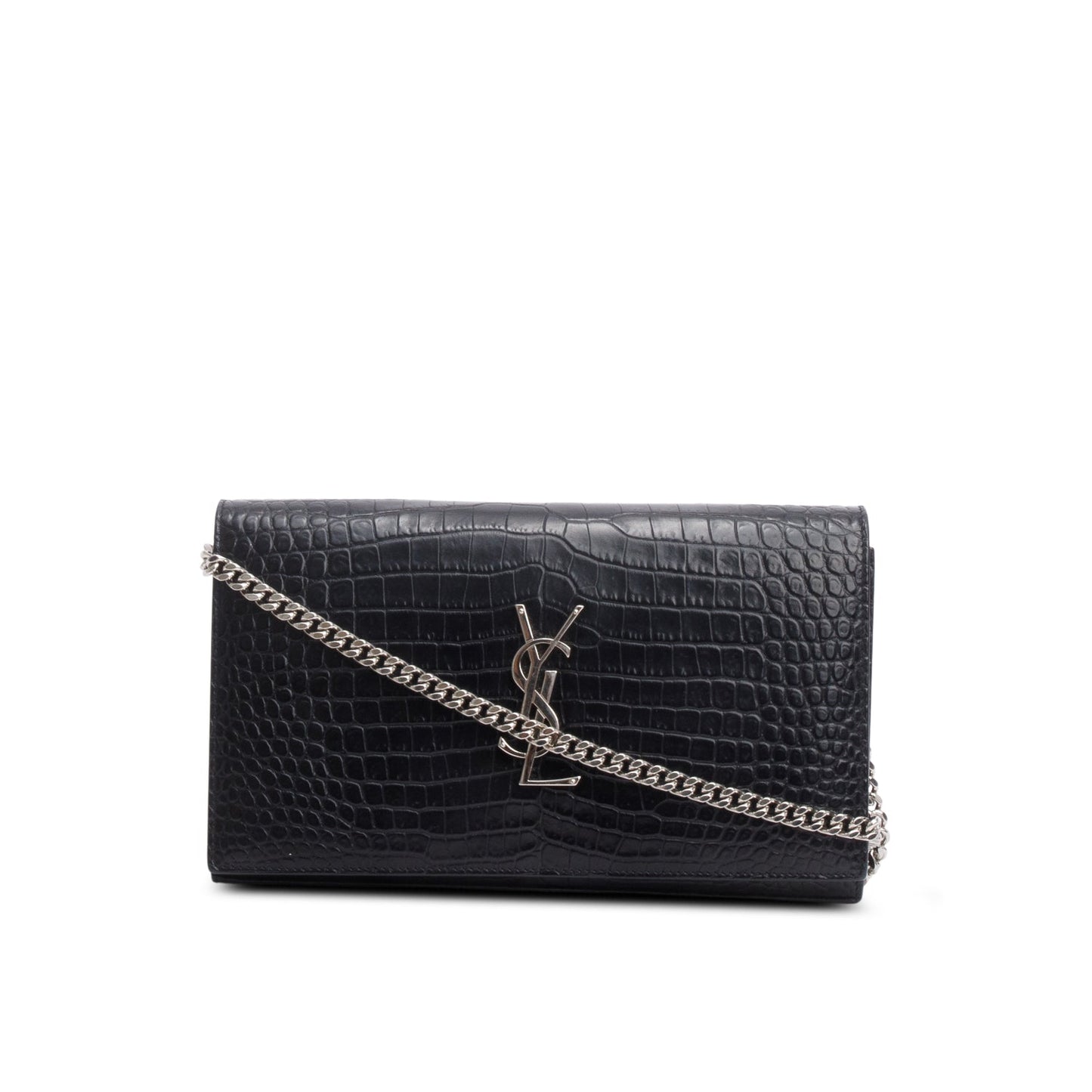 Saint Laurent Black Croc Embossed Classic Cassandre Chain Wallet