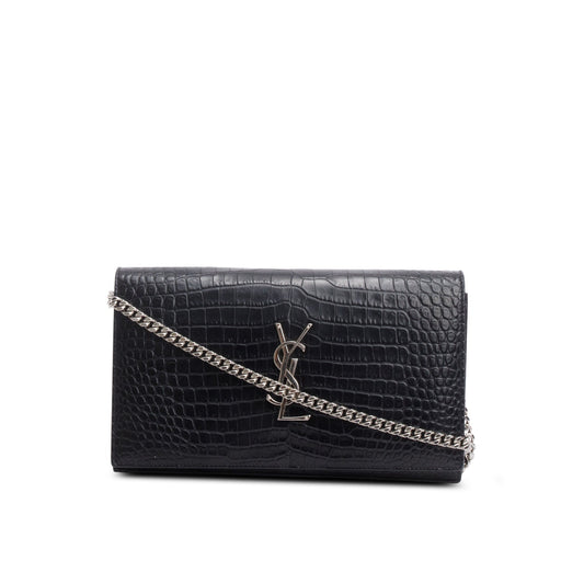 Saint Laurent Black Croc Embossed Classic Cassandre Chain Wallet