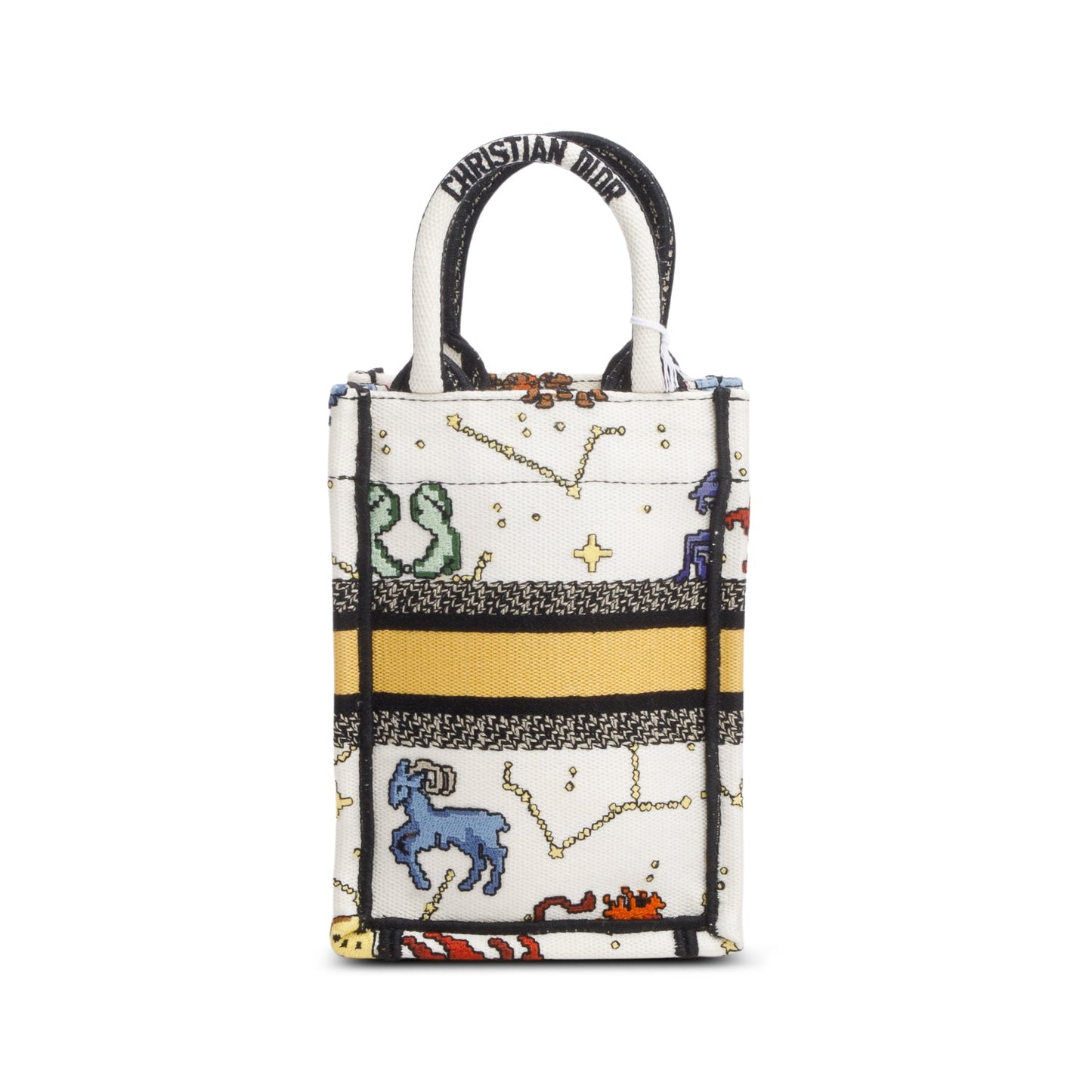 Christian Dior 2022 Cream Canvas Embroidered Pixel Zodiac Mini Book Tote Phone Bag