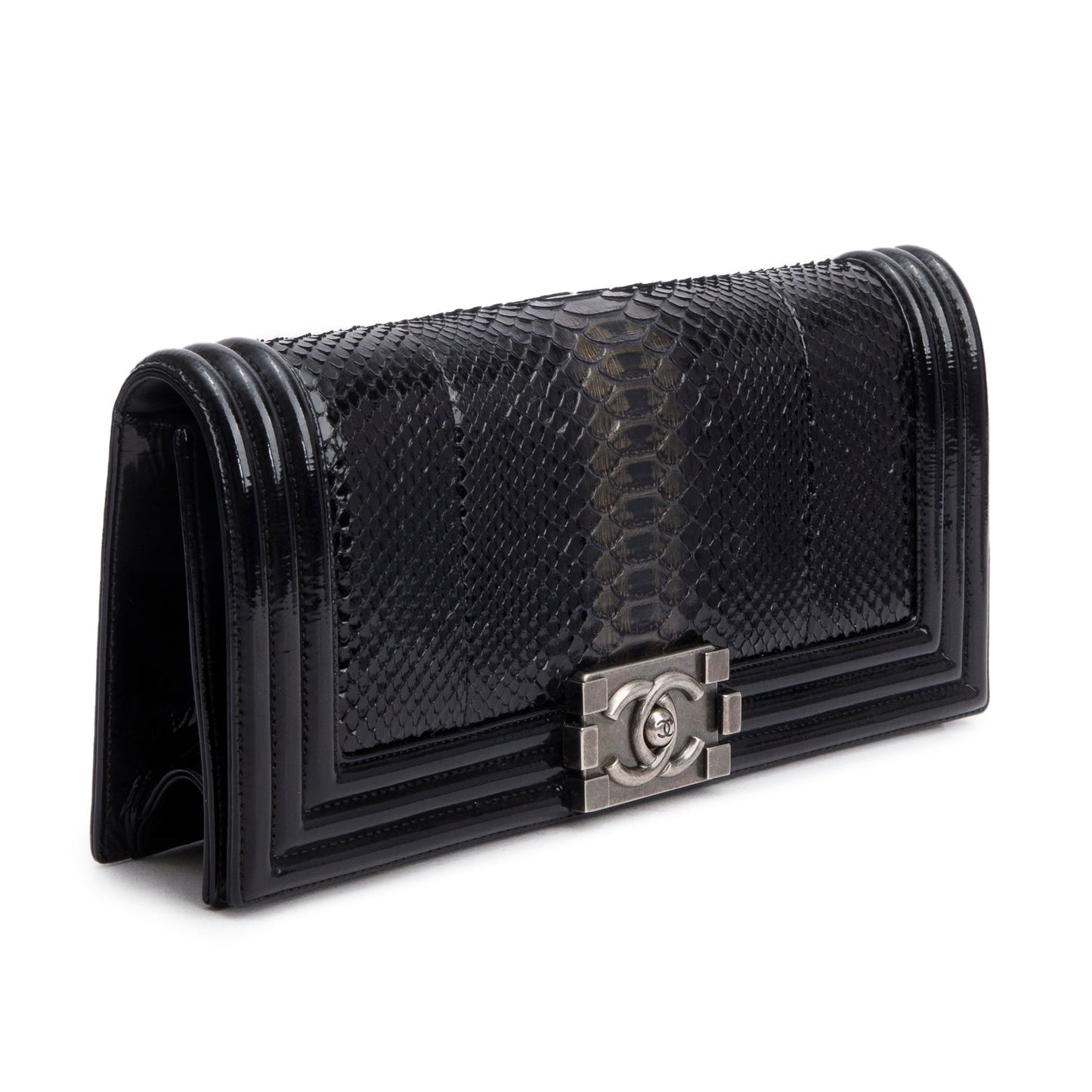 Chanel Black Python Patent Leather Boy Flap Clutch