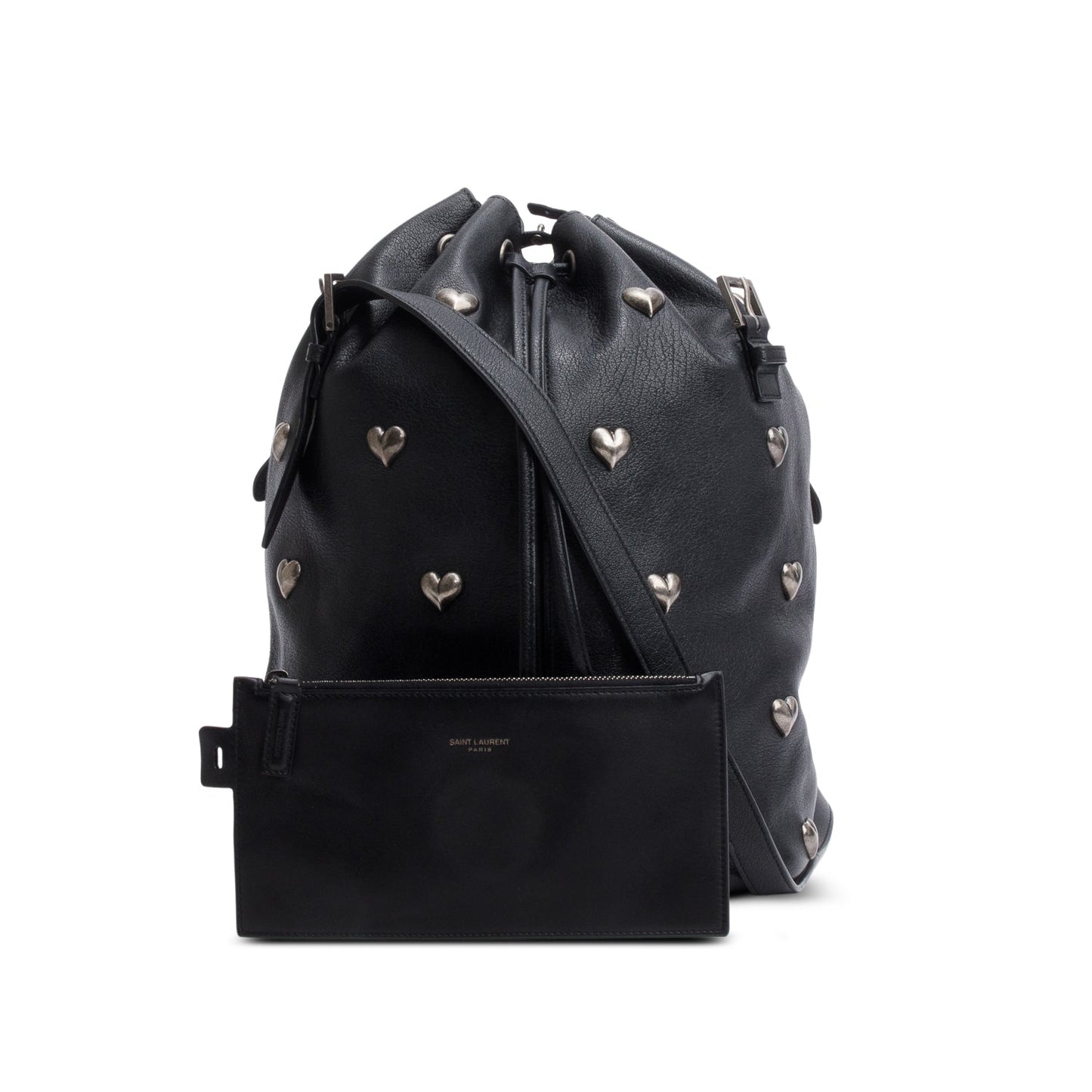 Saint Laurent 2022 Black Lambskin Heart Studded Riva Medium Bucket Bag
