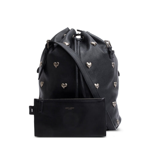 Saint Laurent 2022 Black Lambskin Heart Studded Riva Medium Bucket Bag