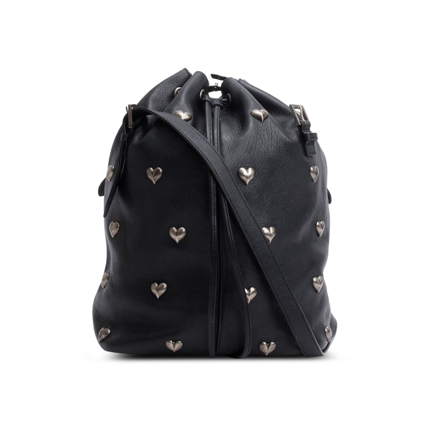 Saint Laurent 2022 Black Lambskin Heart Studded Riva Medium Bucket Bag