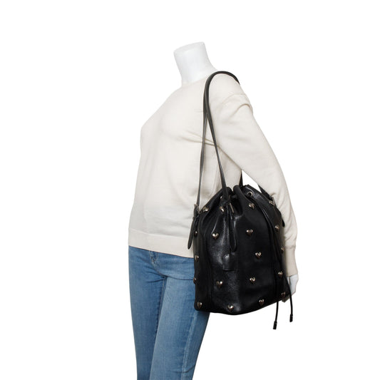 Saint Laurent 2022 Black Lambskin Heart Studded Riva Medium Bucket Bag