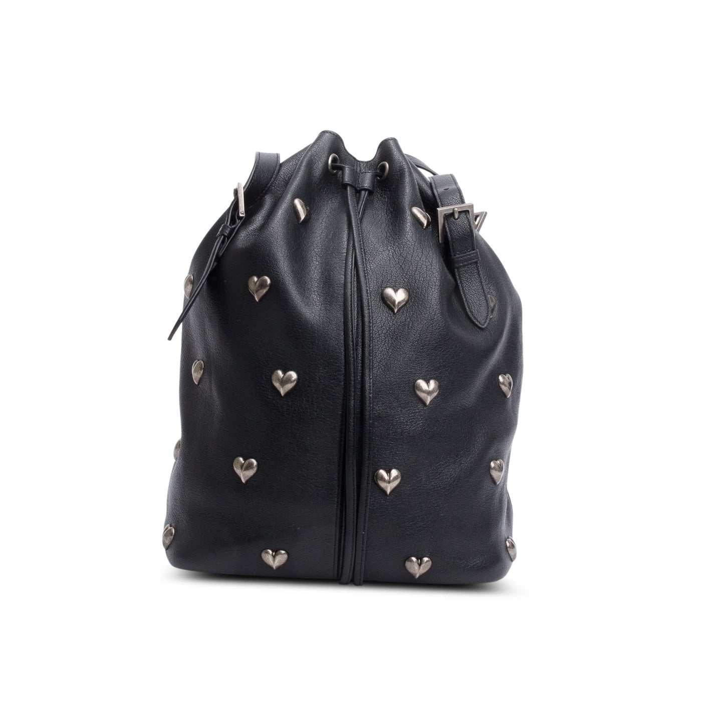 Saint Laurent 2022 Black Lambskin Heart Studded Riva Medium Bucket Bag
