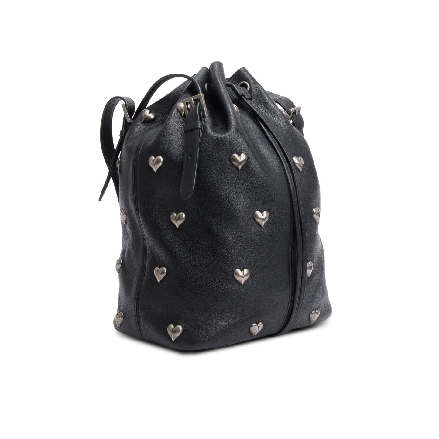 Saint Laurent 2022 Black Lambskin Heart Studded Riva Medium Bucket Bag