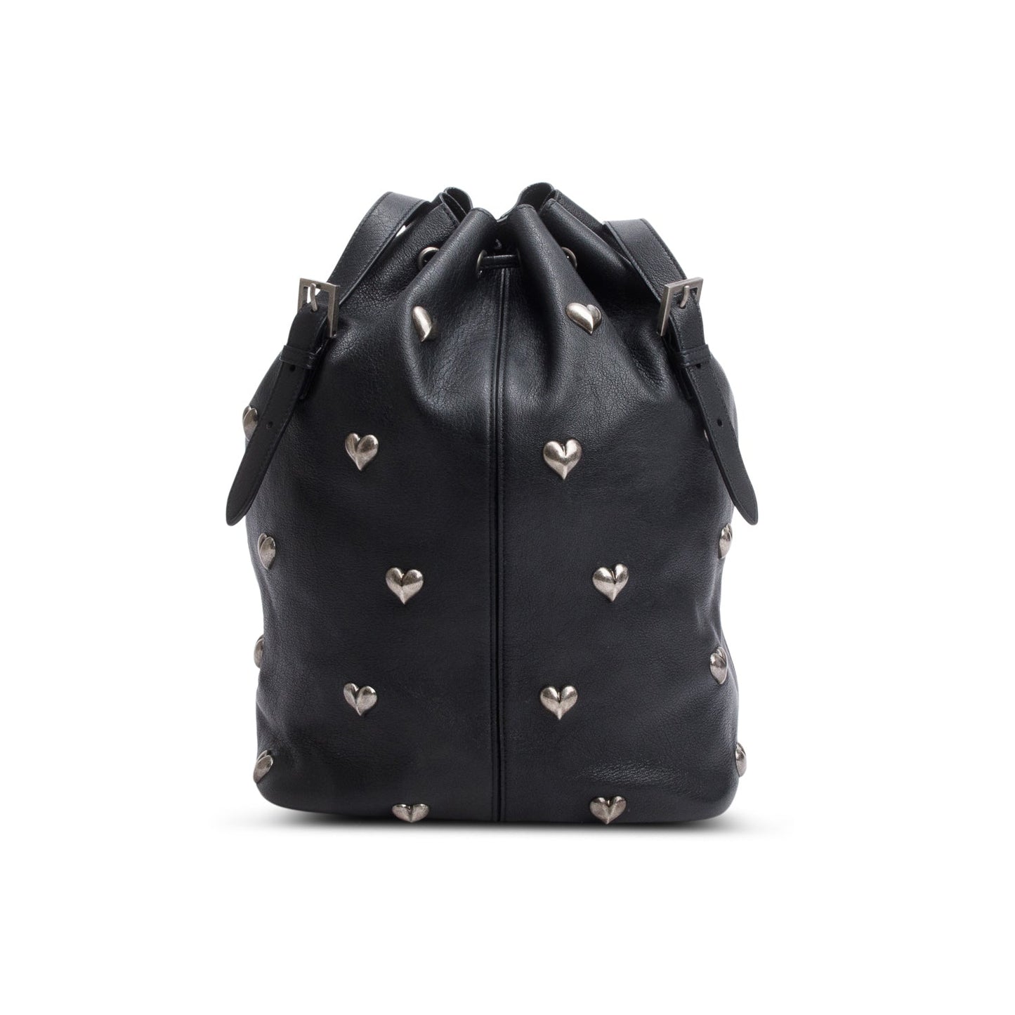 Saint Laurent 2022 Black Lambskin Heart Studded Riva Medium Bucket Bag