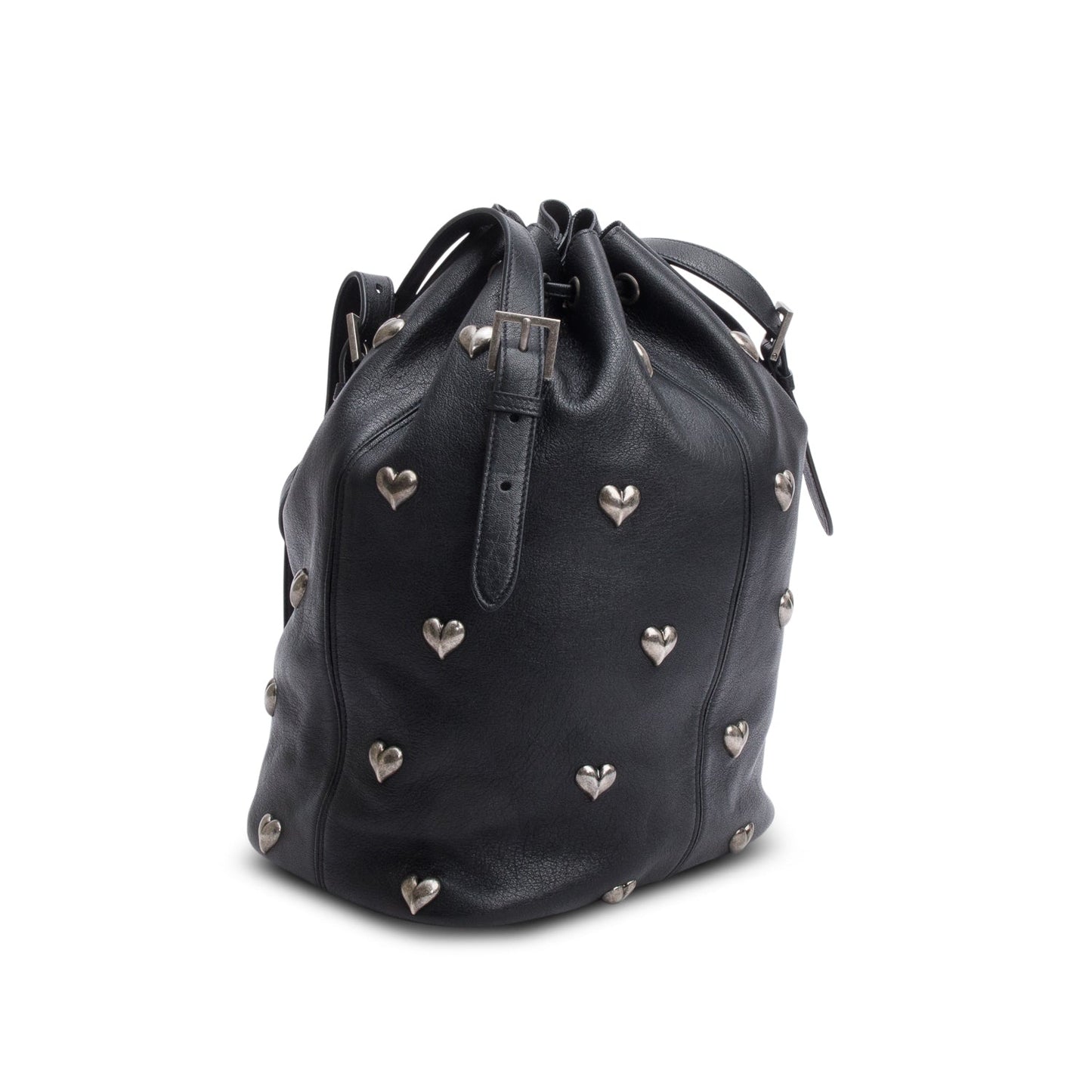 Saint Laurent 2022 Black Lambskin Heart Studded Riva Medium Bucket Bag