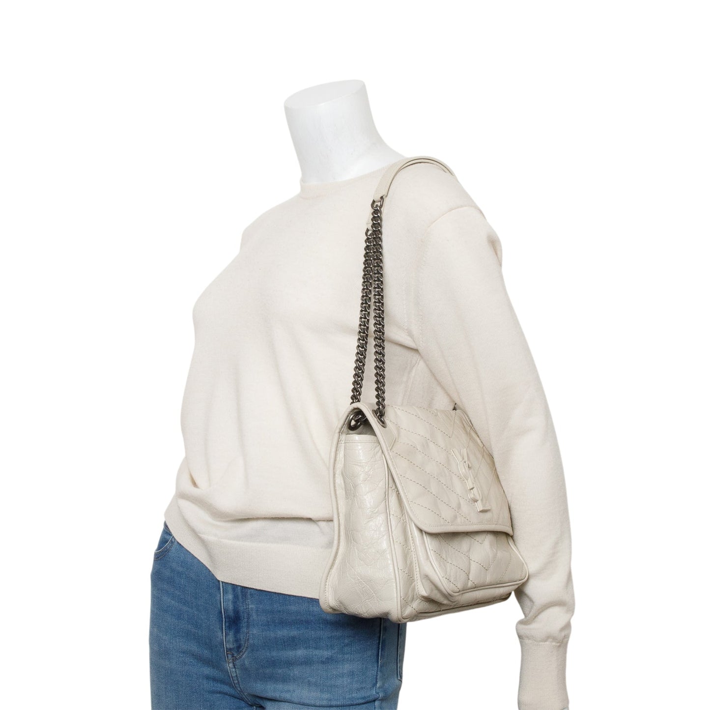 Saint Laurent Ivory Vintage Leather Monogram Medium Niki Chain Satchel