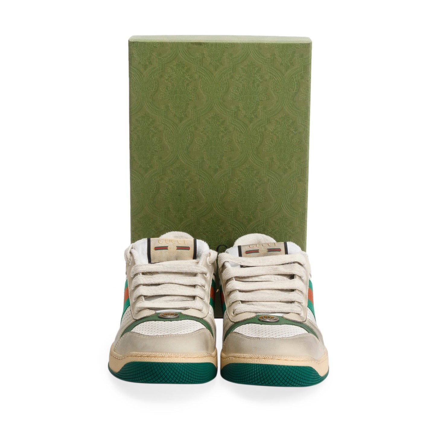 Gucci Beige, Green & White Leather Web Screener Sneakers, Men's Size 40.5