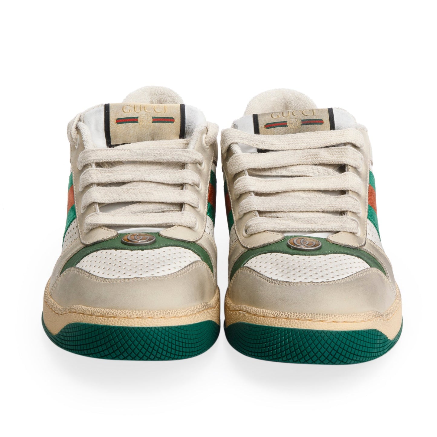 Gucci Beige, Green & White Leather Web Screener Sneakers, Men's Size 40.5
