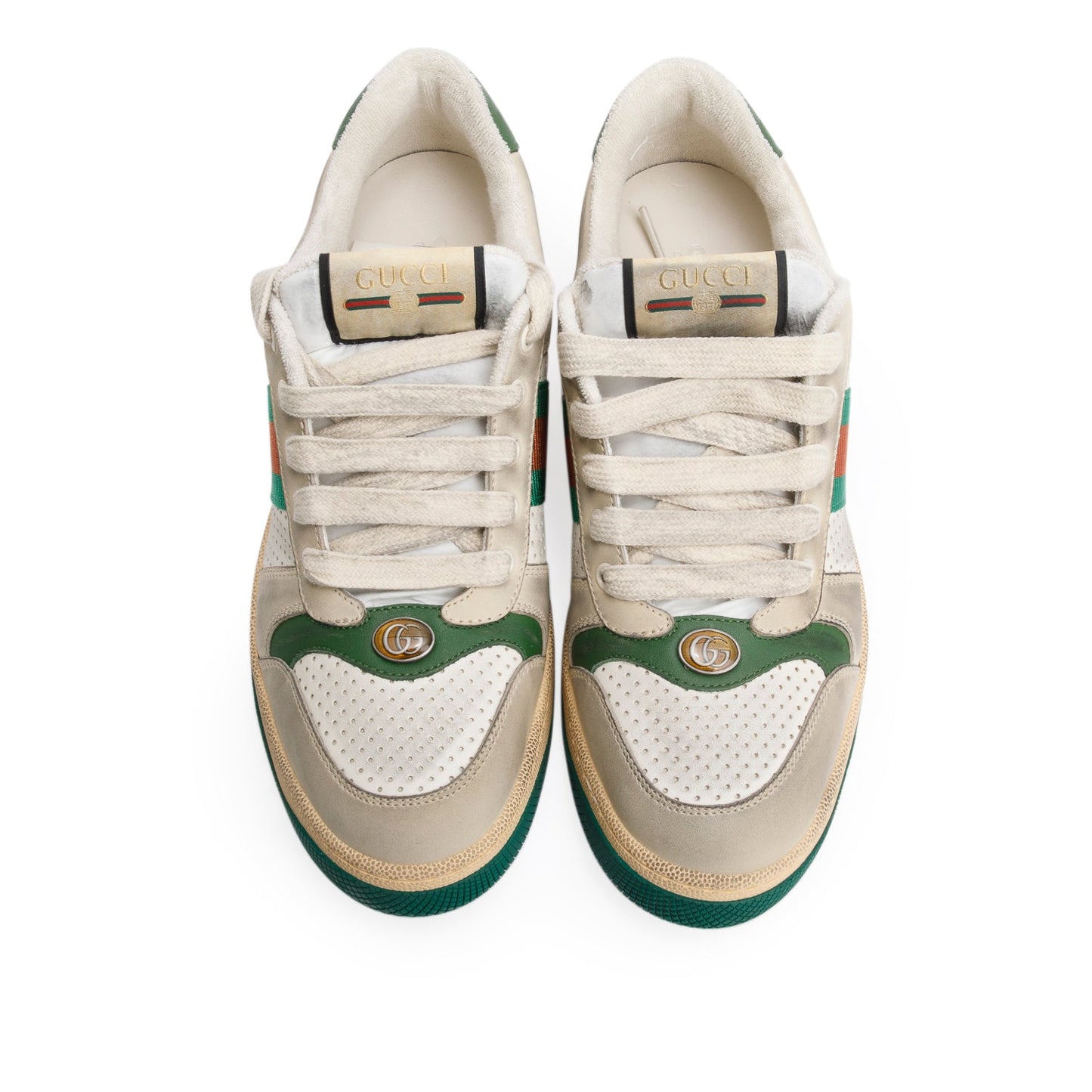Gucci Beige, Green & White Leather Web Screener Sneakers, Men's Size 40.5