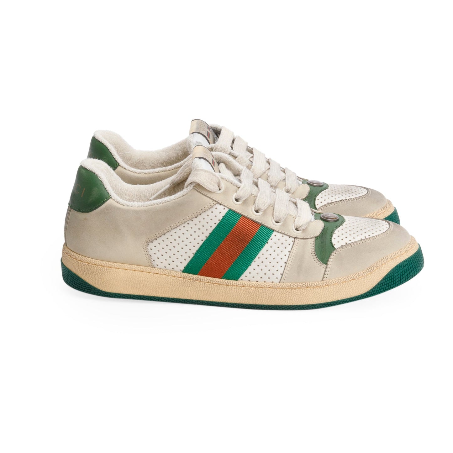 Gucci Beige, Green & White Leather Web Screener Sneakers, Men's Size 40.5