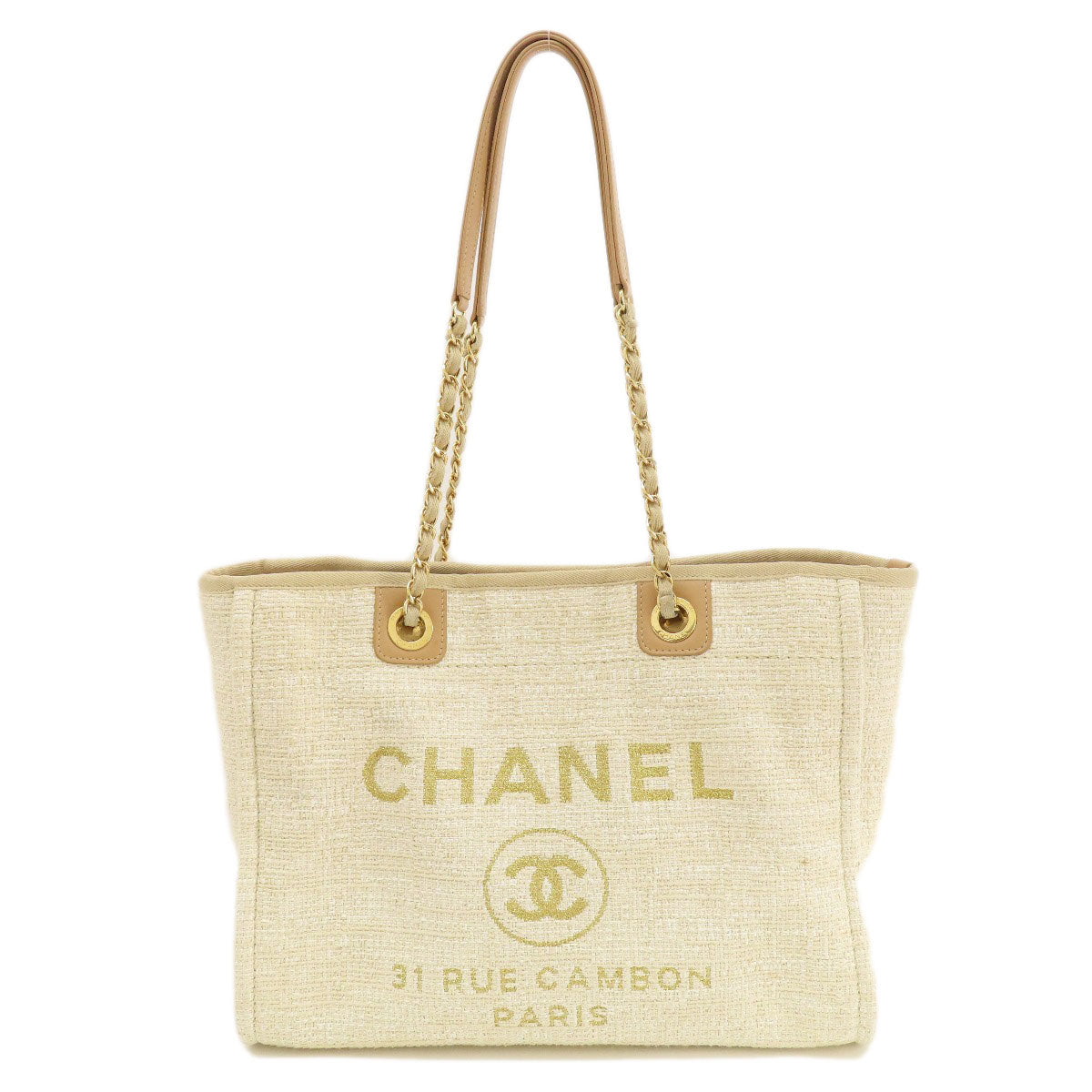 CHANEL Tote Bag Tweed white Deauville MM Gold Metal