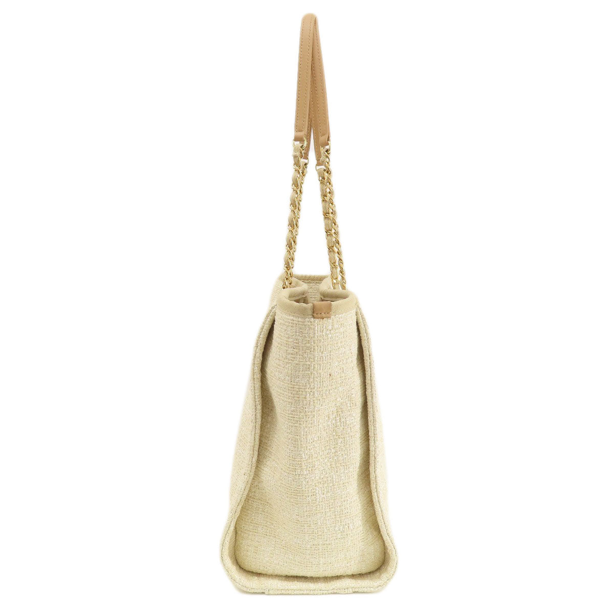 CHANEL Tote Bag Tweed white Deauville MM Gold Metal