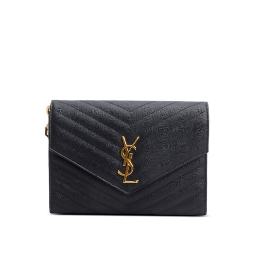 Saint Laurent 2020 Black Grain De Poudre Matelasse Chevron Cassandre Flap Clutch