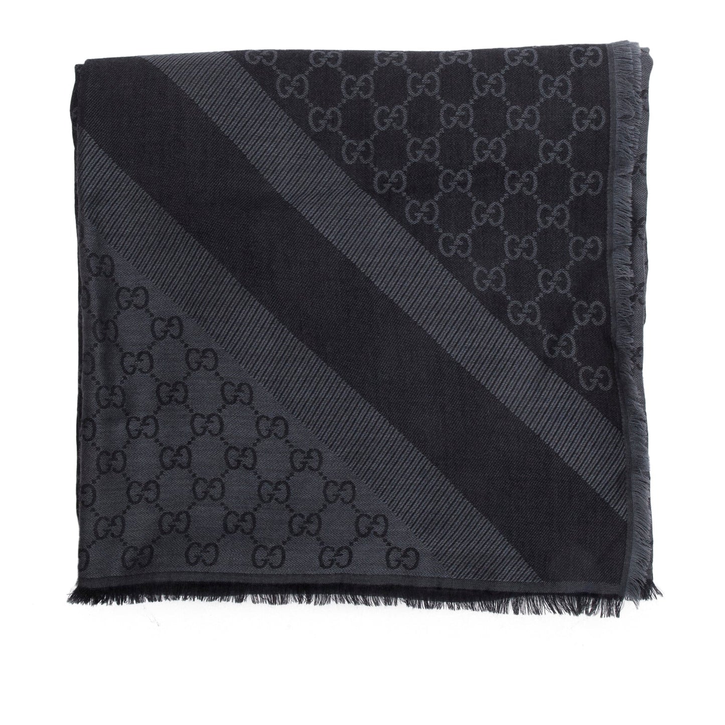 Gucci Black/Grey GG Jacquard Wool Silk Shawl Scarf
