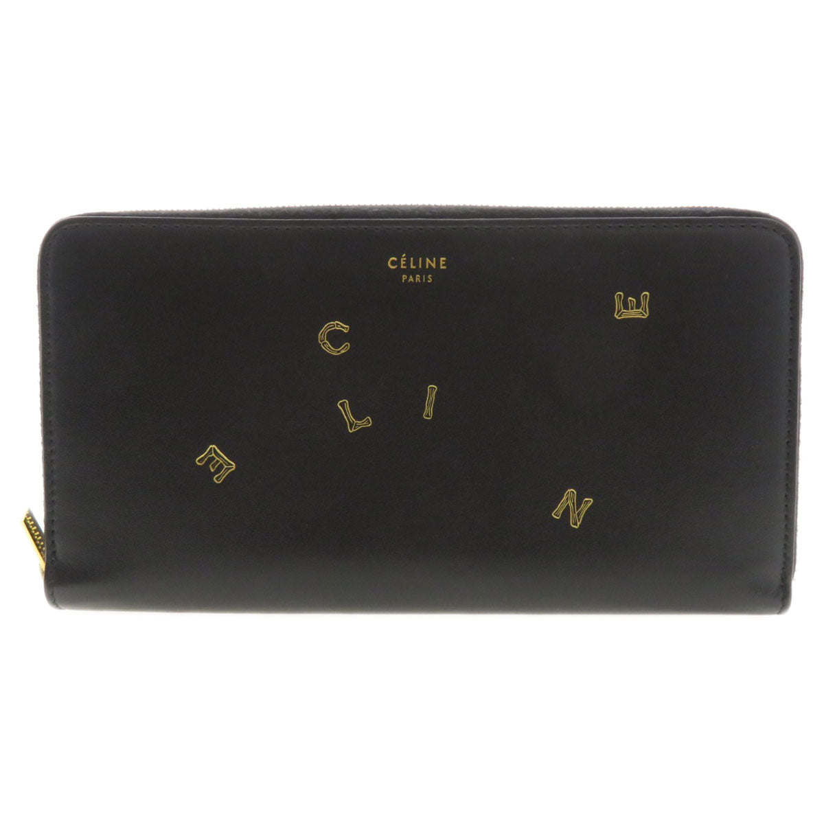 CELINE Long Wallet Purse Calfskin black Logo motif Women