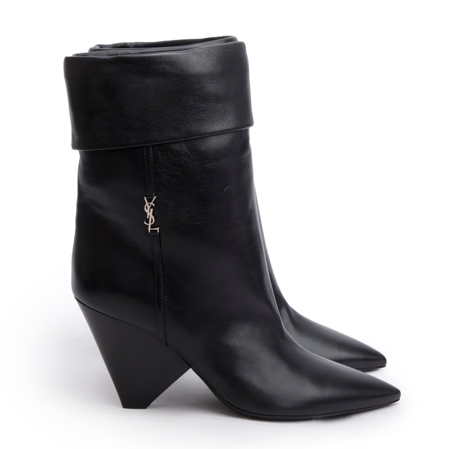 Saint Laurent Black Leather Niki Pointed Toe Ankle Boots, Size 39