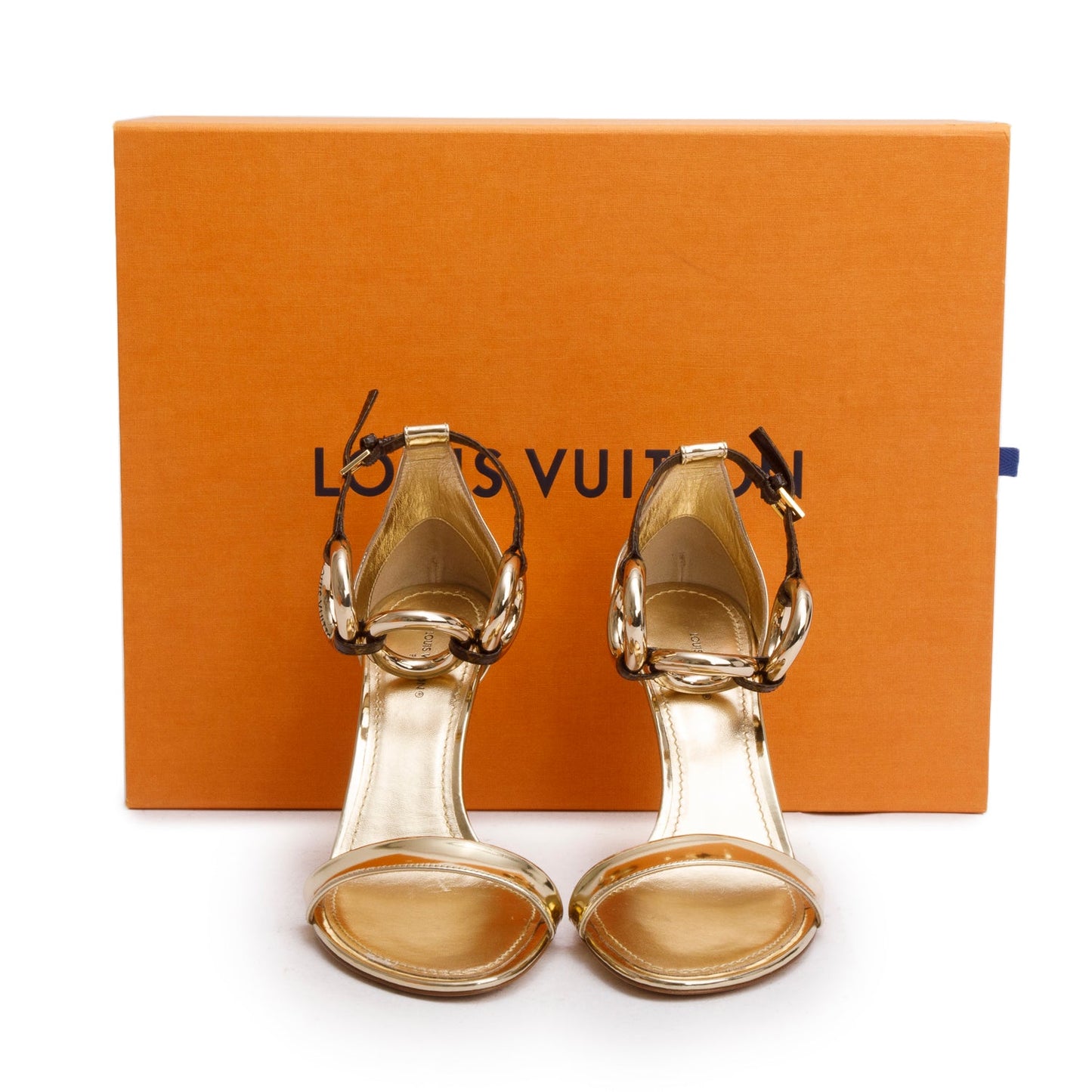 Louis Vuitton Gold Patent Leather Monogram Vedette Sandals