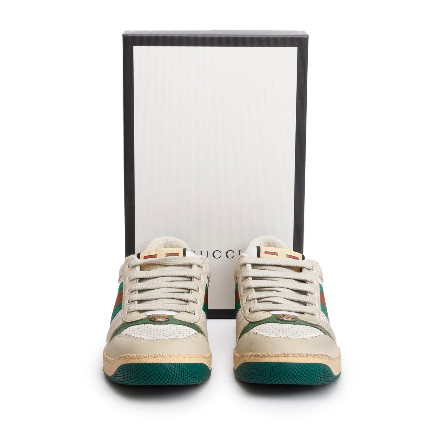 Gucci Beige, Green & White Leather Web Screener Sneakers, Men's Size 40.5
