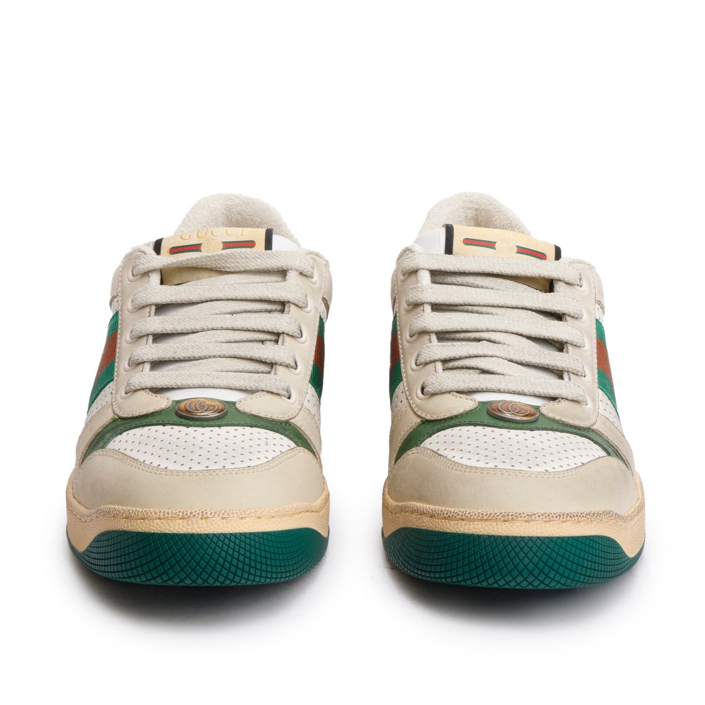 Gucci Beige, Green & White Leather Web Screener Sneakers, Men's Size 40.5
